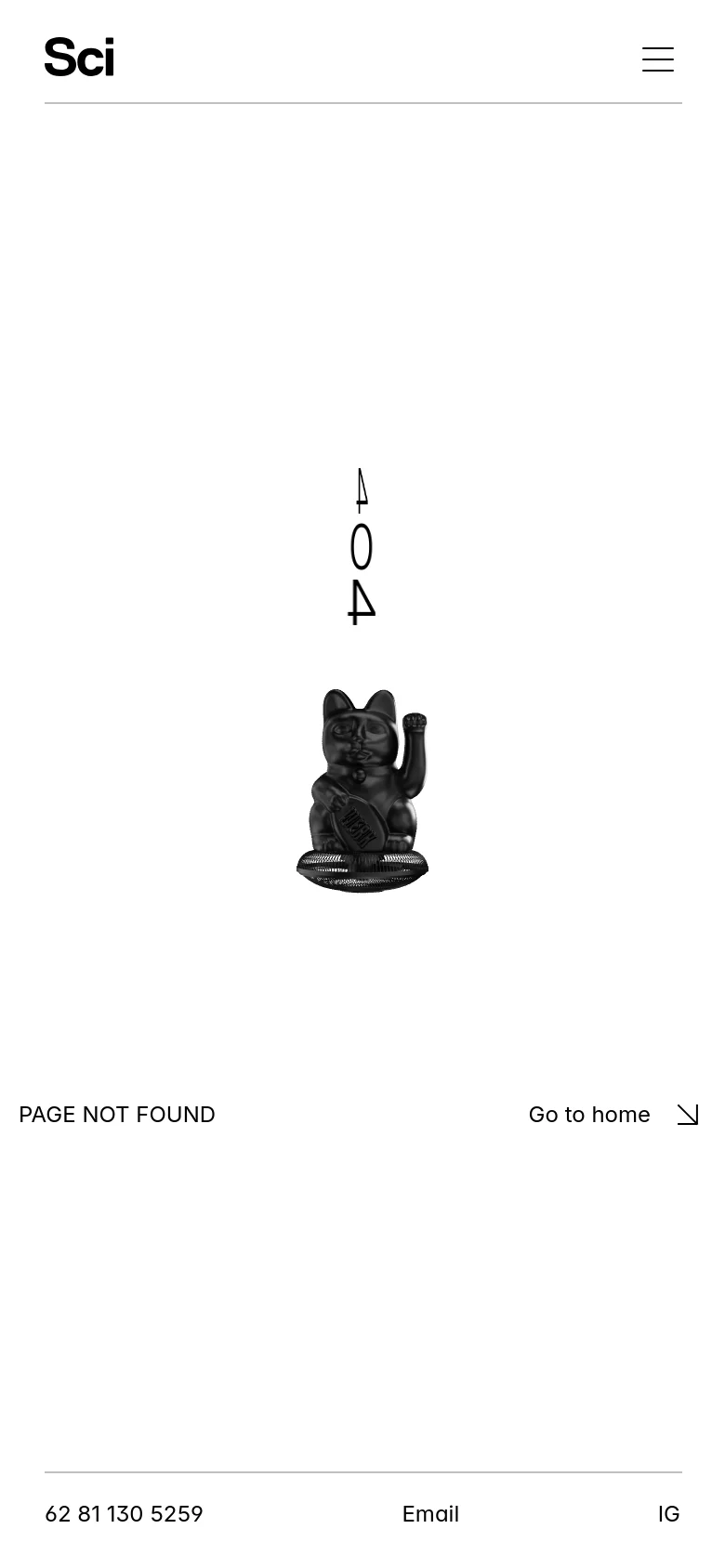 The mobile version of the 404 error page features a simplified layout with a hamburger menu icon in the top right. The large '404' text and Maneki-neko figurine are vertically stacked in the center, with 'PAGE NOT FOUND' and a 'Go to home' link positioned below. The footer remains at the bottom with contact information and social links arranged horizontally.