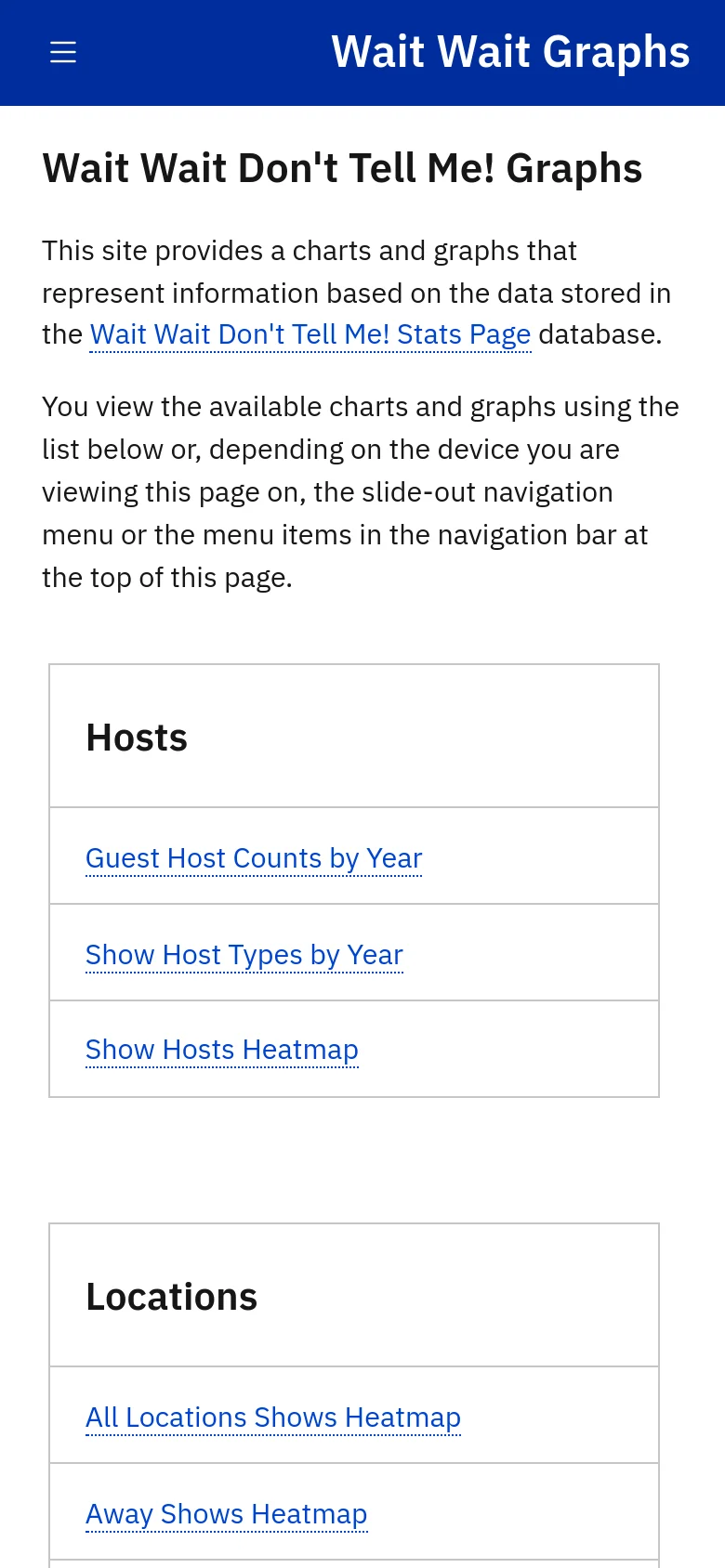 The mobile version features a simplified layout with a dark blue header containing a hamburger menu icon and the title 'Wait Wait Graphs'. The main content consists of a single-column stack of text and large, bordered white cards containing categorized links for Hosts and Locations.