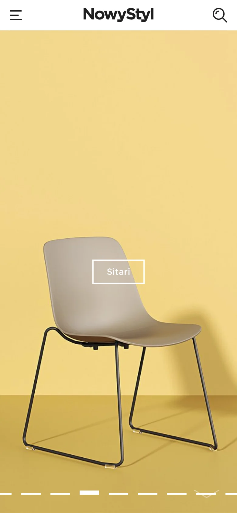 The mobile version presents a vertically oriented hero slider with large, high-quality imagery of individual furniture pieces, such as the 'Sitari' chair against a solid yellow background. The layout is simplified for small screens, with the header containing a hamburger menu, the brand logo, and a search icon, while navigation indicators remain at the bottom.