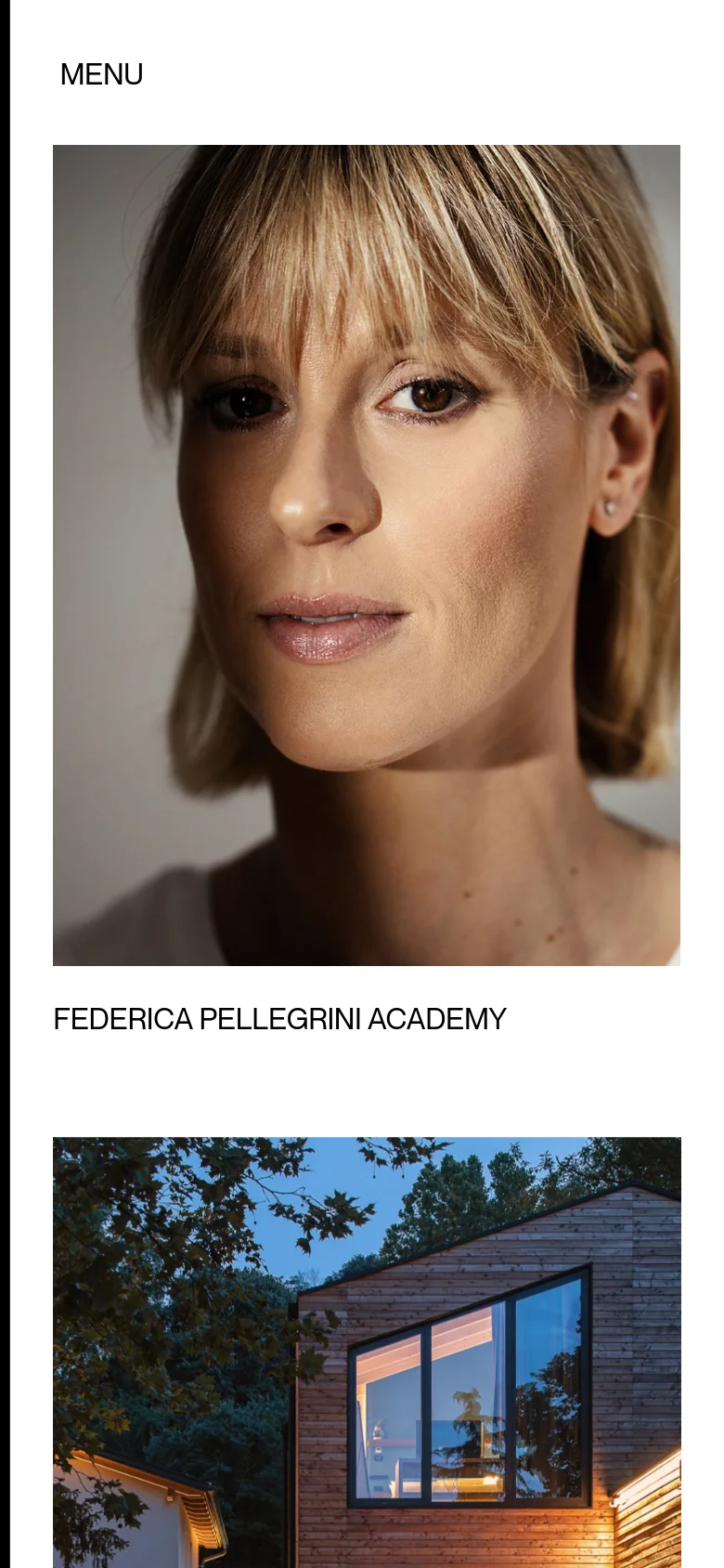 The mobile version presents a single-column vertical scroll of large, full-width photographic project images. The header is simplified, showing a 'MENU' button and the current project title, maintaining a focus on the visual portfolio content.