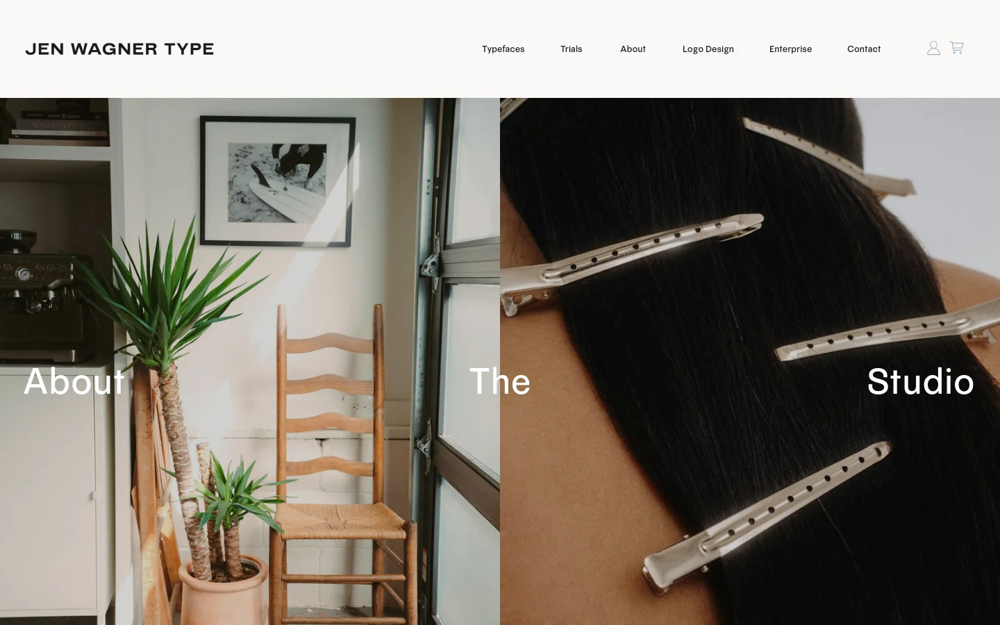 The desktop About page features a split-screen hero image showing a bright studio interior with plants and a wooden chair on the left, and close-up dark hair with silver clips on the right. Large white text overlays the center reading 'About The Studio' against a clean white background with a minimalist navigation menu at the top.