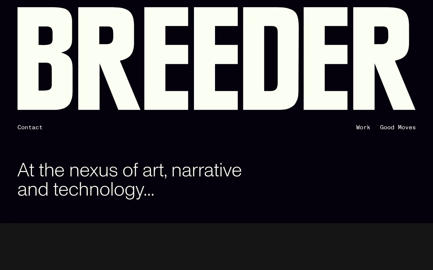The Breeder studio homepage features a dark, minimalist aesthetic with large white typography. A hero section displays a video placeholder followed by a grid of project showcases including 'The Expanse' and 'True Detective', each with a large image and text links. The bottom of the page includes an 'About' section, a list of services, and client logos like HBO and Prime Video.