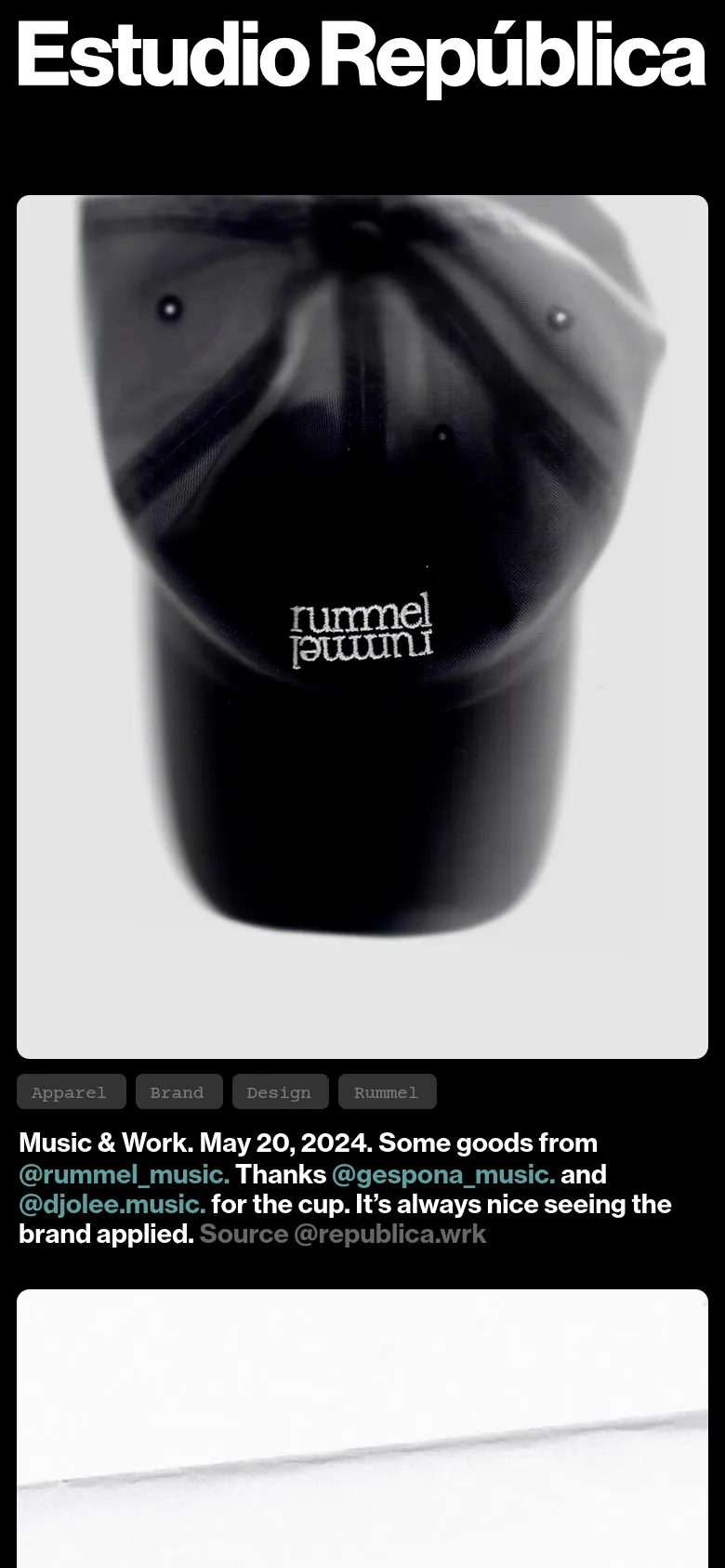 The mobile version presents a single-column vertical scroll of the design portfolio, emphasizing large, full-width imagery. The bold 'Estudio República' header remains prominent at the top, while project details, tags, and descriptions are stacked neatly below each image for easier reading on small screens.