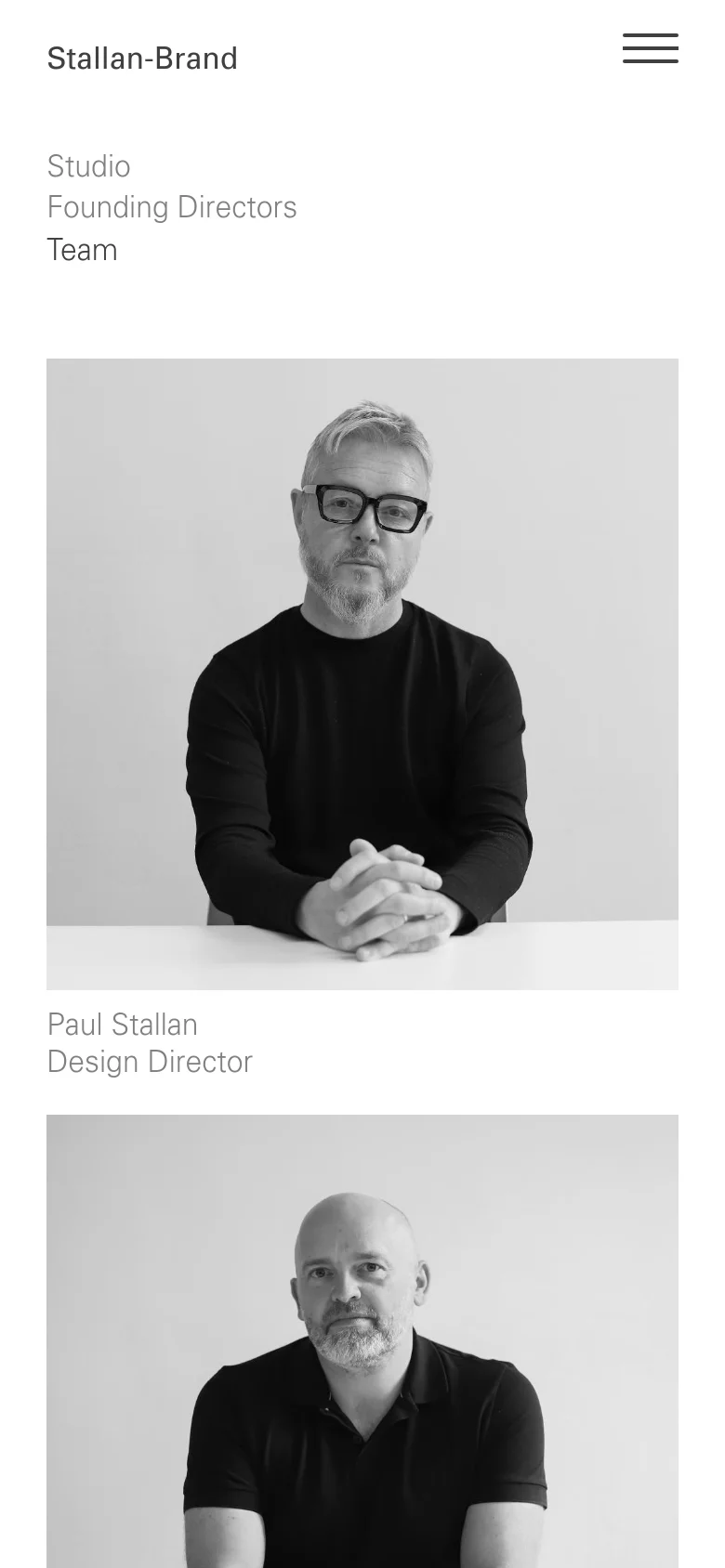The mobile version simplifies the layout into a single-column vertical scroll. The navigation menu is condensed into a hamburger icon at the top right, and the team portraits are stacked vertically, one per row, with names and titles positioned directly underneath each image.