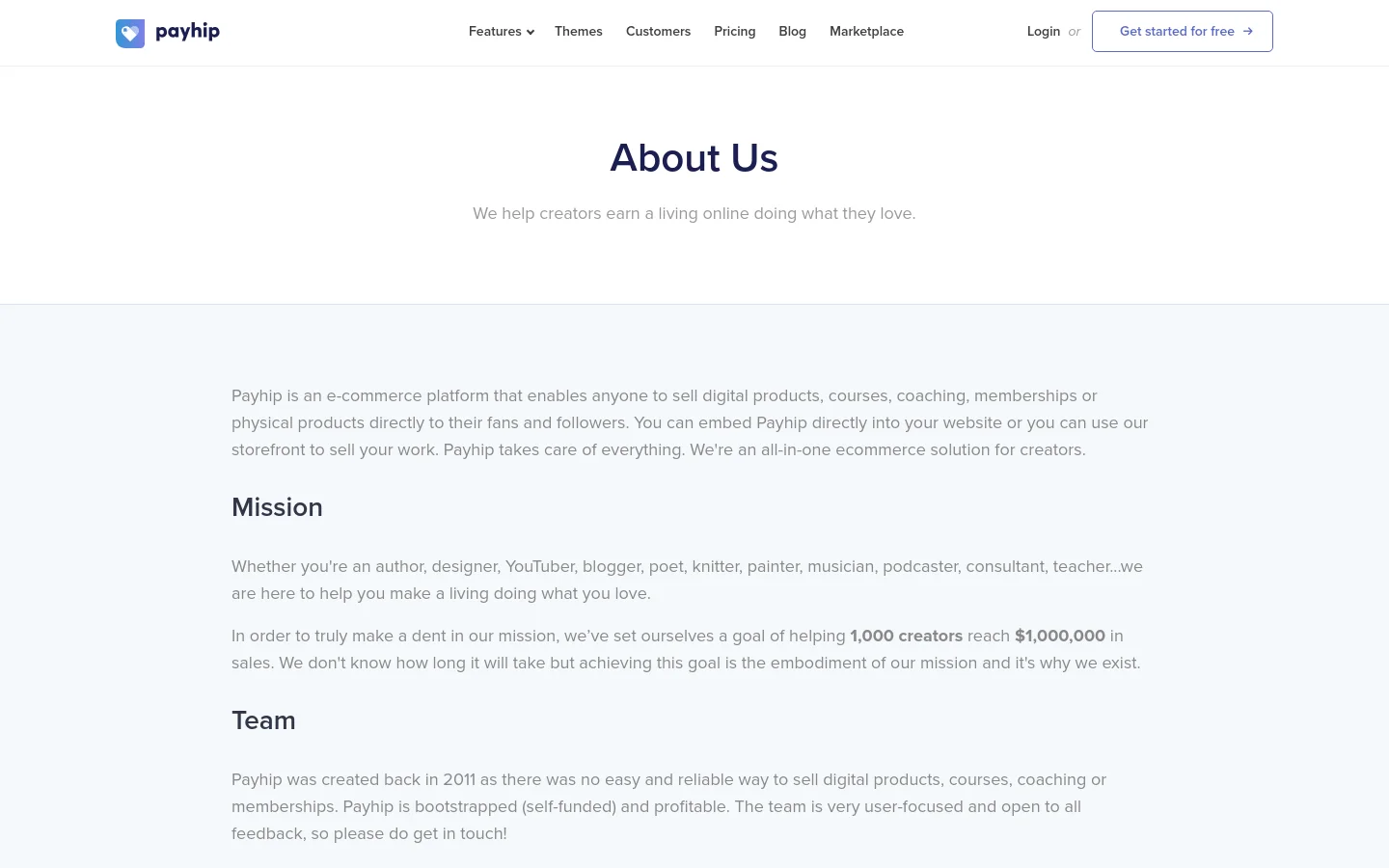 The About Us page features a clean, minimalist design with a white background and dark blue text. A large centered headline reads 'About Us' followed by a subheadline, with several sections below detailing the company's mission and team. The desktop navigation bar includes links for Features, Themes, Customers, Pricing, Blog, and Marketplace, alongside a 'Get started for free' call-to-action button.