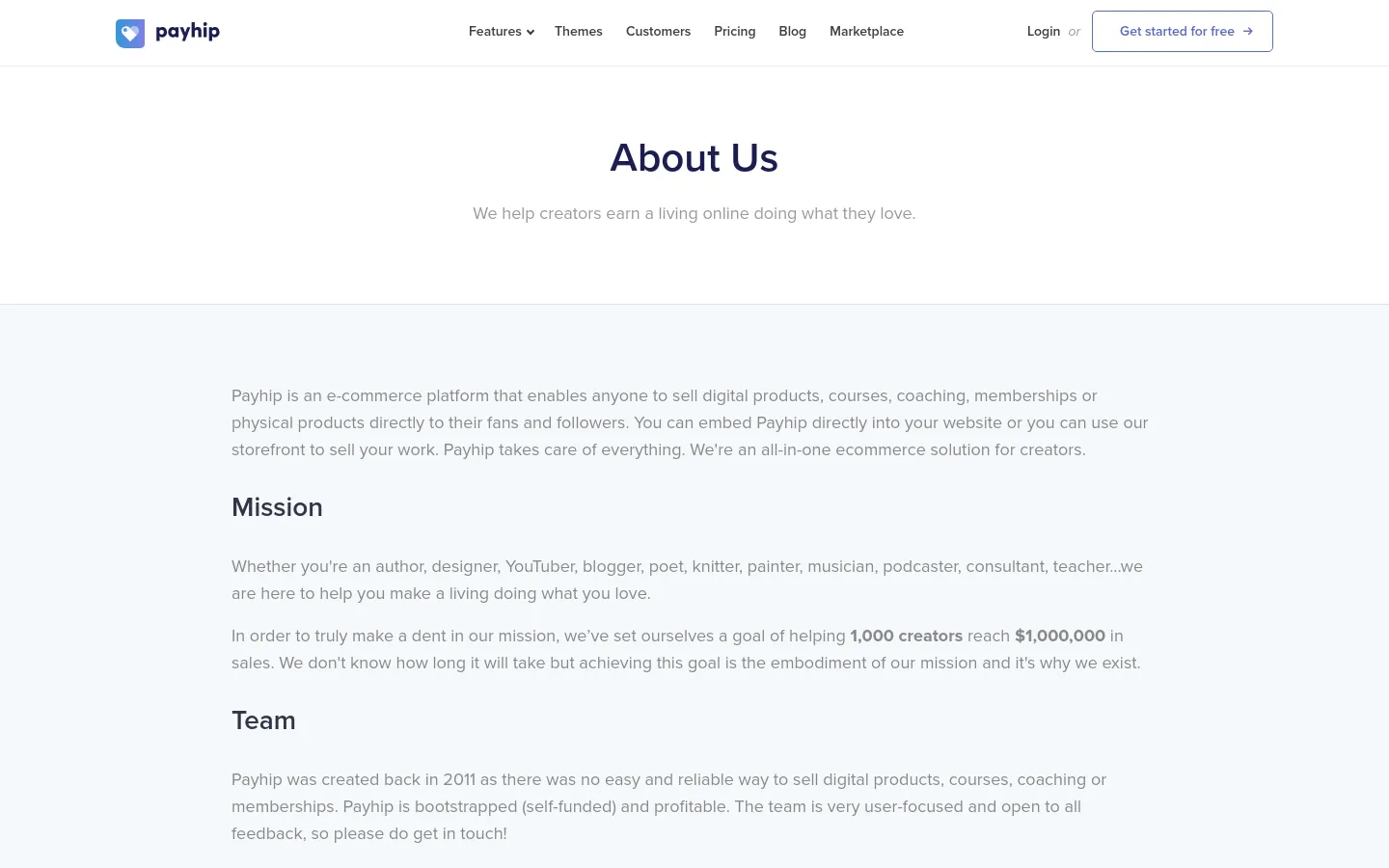 The About Us page features a clean, minimalist design with a white background and dark blue text. A large centered headline reads 'About Us' followed by a subheadline, with several sections below detailing the company's mission and team. The desktop navigation bar includes links for Features, Themes, Customers, Pricing, Blog, and Marketplace, alongside a 'Get started for free' call-to-action button.