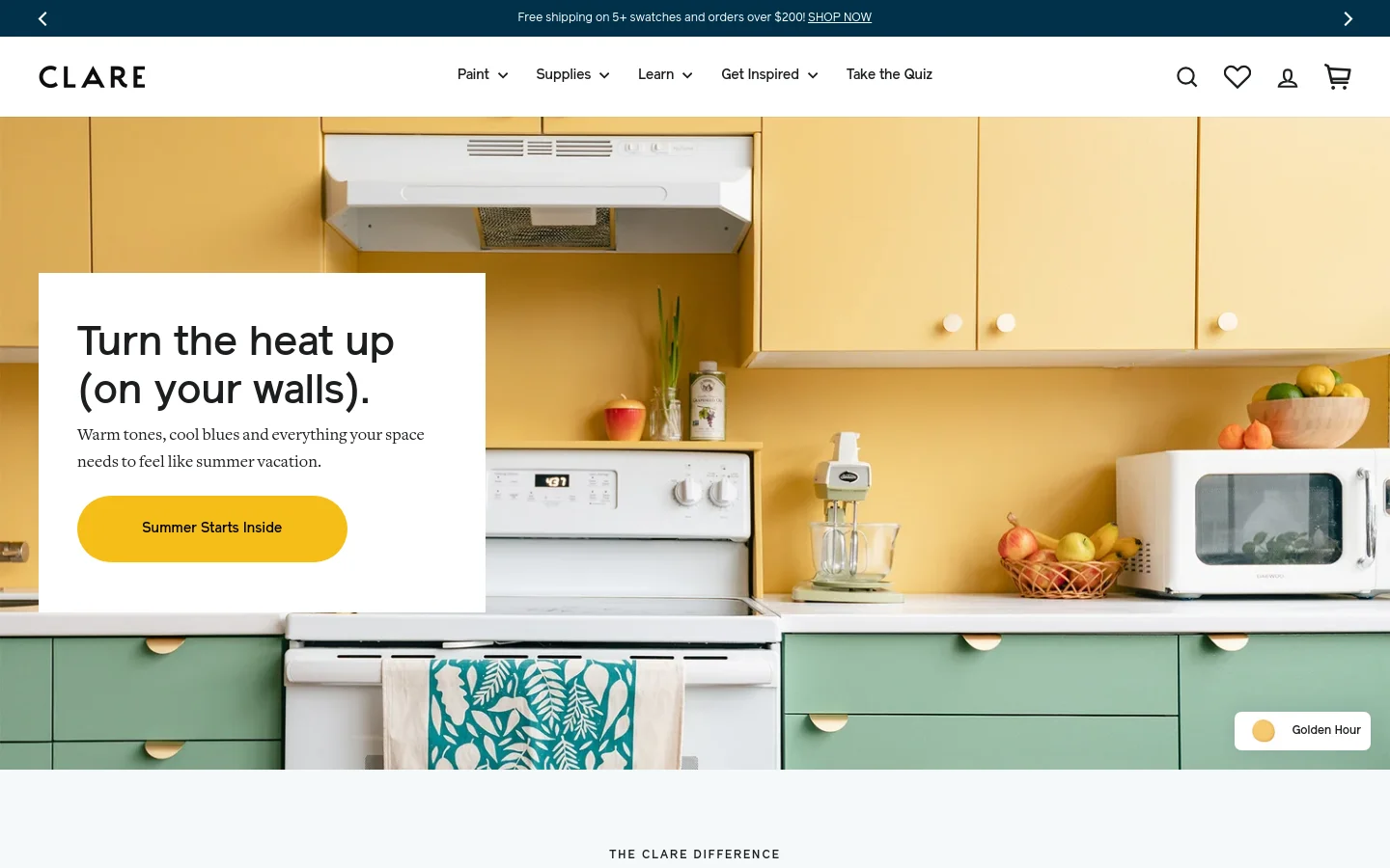 The desktop homepage features a large hero image of a bright kitchen with yellow upper cabinets and green lower cabinets. A white text box overlays the left side with the headline 'Turn the heat up (on your walls)' and a yellow 'Summer Starts Inside' call-to-action button. The navigation bar at the top includes links for Paint, Supplies, Learn, Get Inspired, and Take the Quiz, alongside search, account, and cart icons.