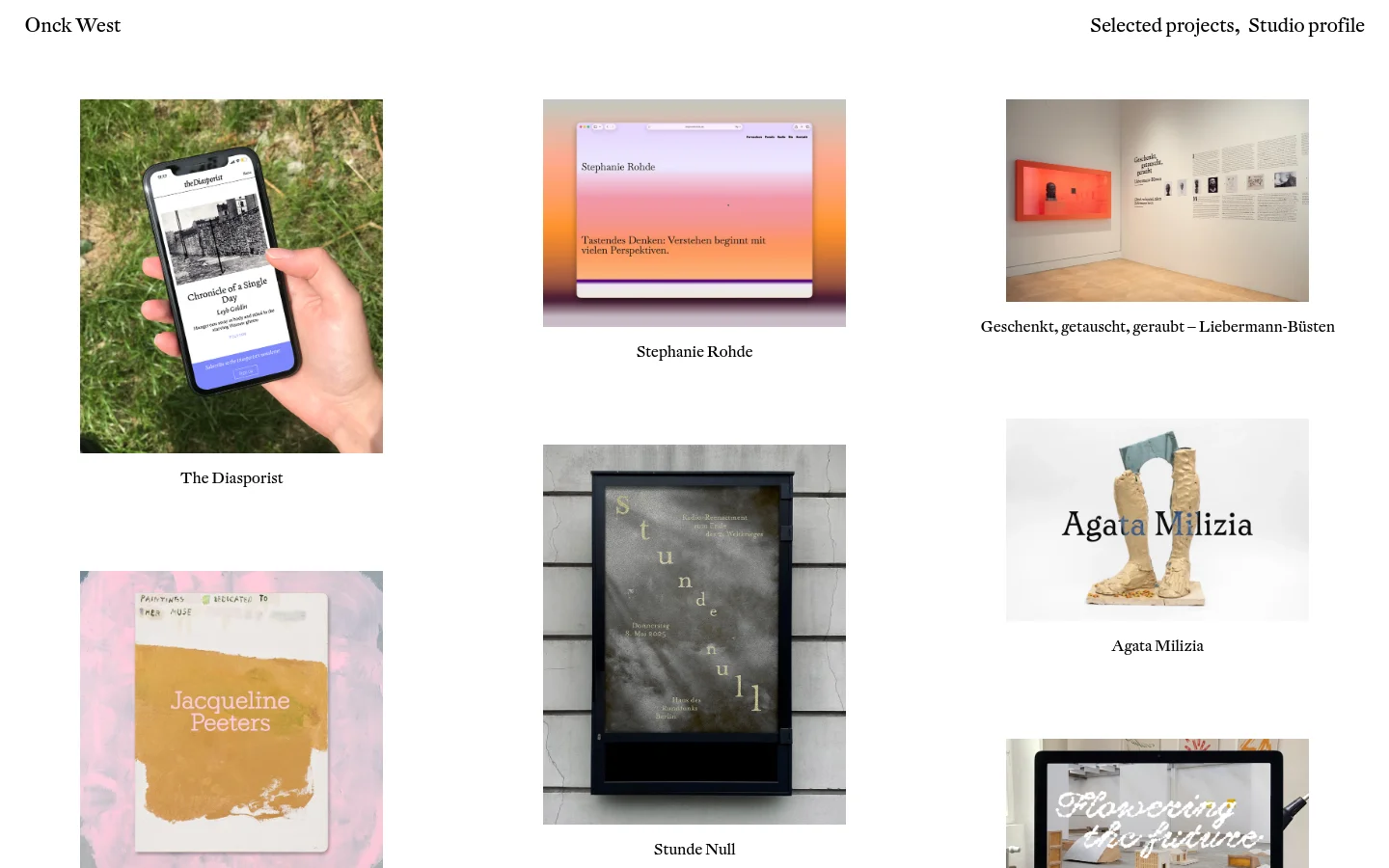 The Selected Projects archive page features a clean, minimalist layout with a white background and black serif typography. A grid of large project images is displayed, each followed by a text title such as 'The Diasporist' and 'Stephanie Rohde'. The header contains the site name 'Onck West' on the left and navigation links 'Selected projects' and 'Studio profile' on the right.