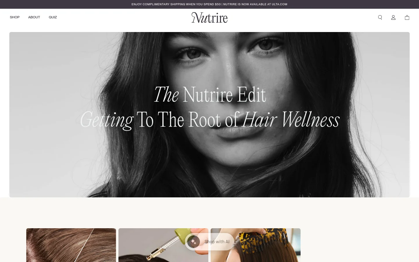 The Nutrire blog page features a large black and white hero image of a woman's face with the headline 'The Nutrire Edit: Getting To The Root of Hair Wellness.' Below the hero, a grid layout displays blog post cards with large images, category labels like 'SCALP' or 'FAQ,' article titles, and 'READ ARTICLE' buttons. The design is clean with a white background and minimalist black text.