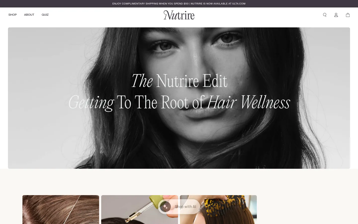 The Nutrire blog page features a large black and white hero image of a woman's face with the headline 'The Nutrire Edit: Getting To The Root of Hair Wellness.' Below the hero, a grid layout displays blog post cards with large images, category labels like 'SCALP' or 'FAQ,' article titles, and 'READ ARTICLE' buttons. The design is clean with a white background and minimalist black text.