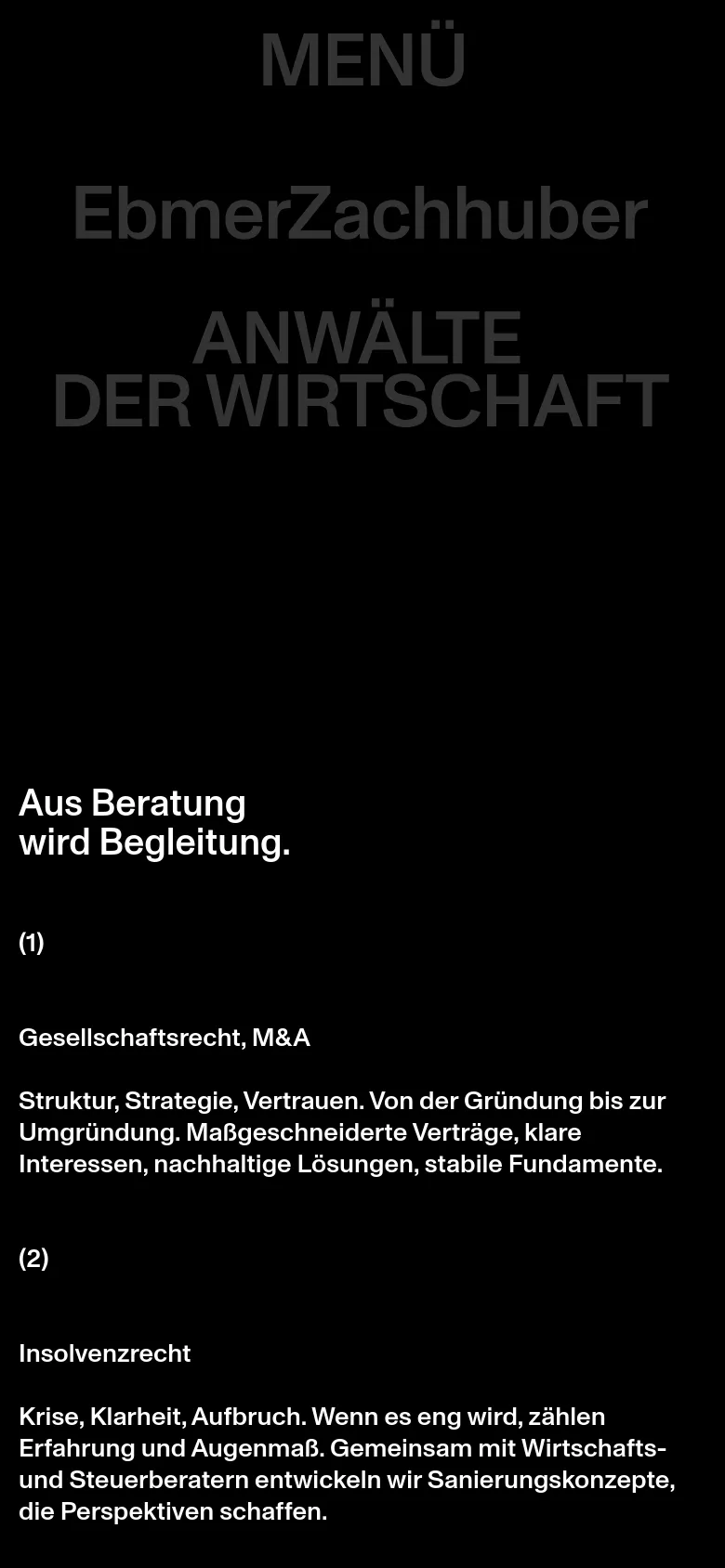 EbmerZachhuber mobile view with a stacked layout on a black background. The design uses large, centered typography for the hero headline and a single-column list for legal expertise sections like Gesellschaftsrecht and Insolvenzrecht.