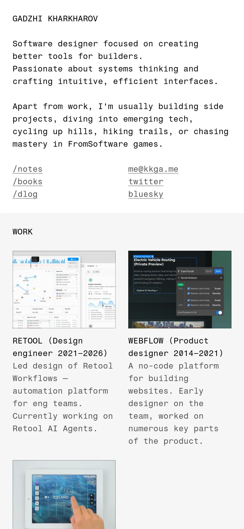 The mobile version maintains the minimalist white and black theme but shifts to a single-column vertical layout. The header links and text are stacked, and the work and project image cards are resized to span the width of the screen for easier scrolling.