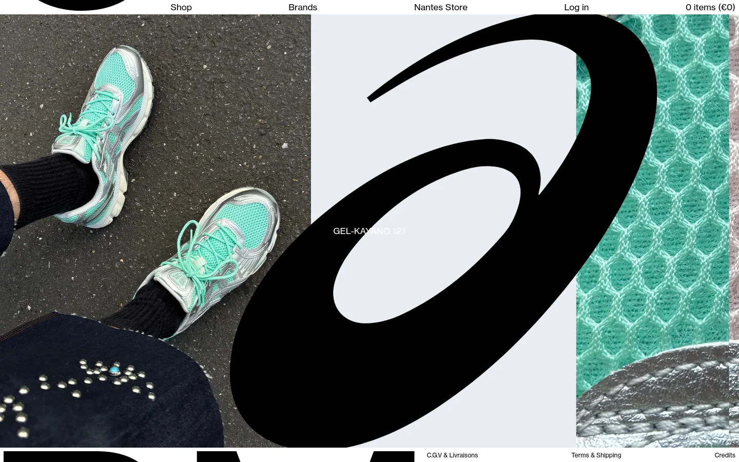 The desktop homepage features a minimalist design with a split-screen hero image showing a close-up of a person wearing light teal Gel-Kayano 12.1 sneakers and black socks. A large, stylized black graphic element overlaps the right side of the image, with the product name 'GEL-KAYANO 12.1' centered in white text. The navigation menu at the top includes links for Shop, Brands, Nantes Store, and Log in against a clean white background.