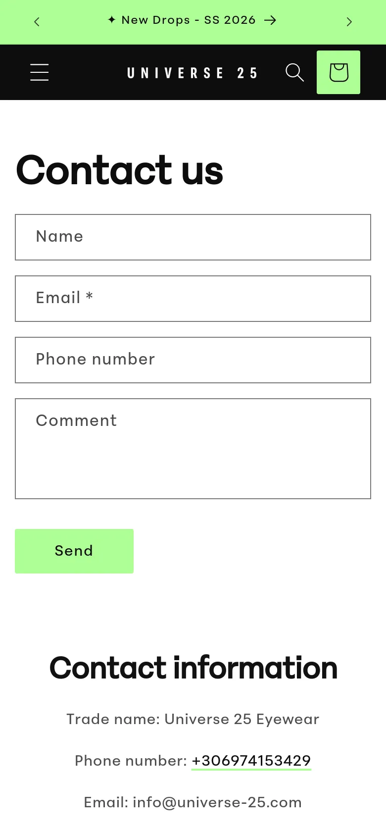The mobile version presents a simplified layout with a hamburger menu and search icon in the black header. The contact form and 'Contact information' section are stacked vertically, with input fields and the light green 'Send' button spanning the full width of the screen for easier touch interaction.