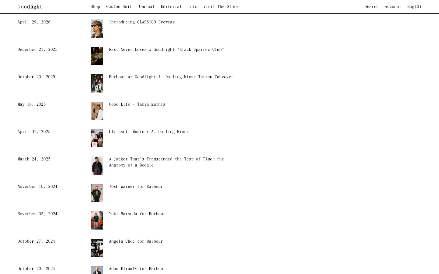 The Journal page features a minimalist white layout with a vertical list of blog posts. Each entry includes a date on the left, a small square thumbnail image in the center, and a text headline on the right. The top navigation bar contains links for Shop, Custom Suit, Journal, Editorial, Info, and Visit The Store.