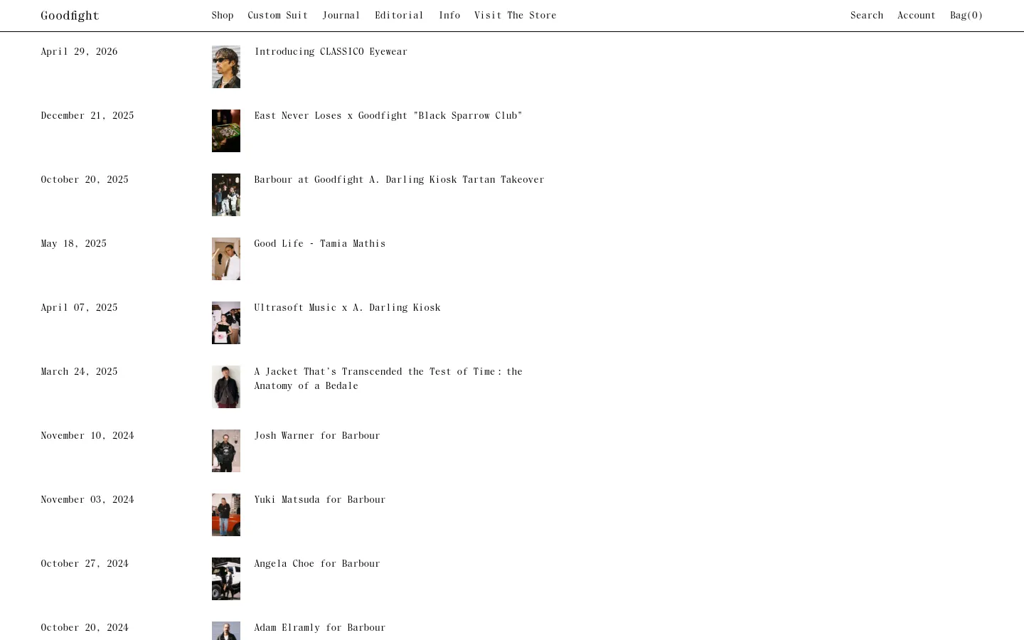 The Journal page features a minimalist white layout with a vertical list of blog posts. Each entry includes a date on the left, a small square thumbnail image in the center, and a text headline on the right. The top navigation bar contains links for Shop, Custom Suit, Journal, Editorial, Info, and Visit The Store.