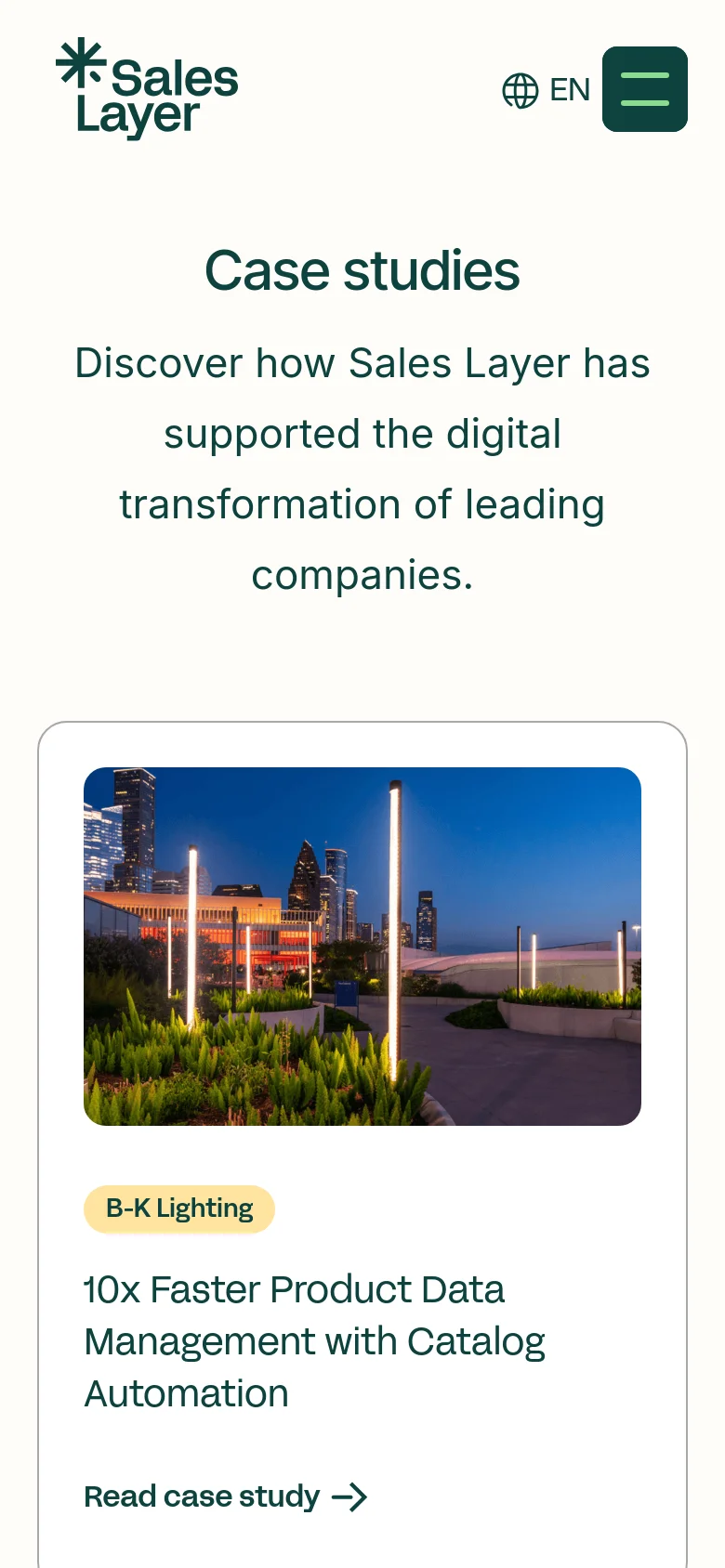 The mobile version presents a vertically stacked layout with a simplified navigation menu represented by a hamburger icon. The hero section contains the 'Case studies' headline and description, followed by a single-column case study card featuring a large image of a city skyline, the B-K Lighting title, and a 'Read case study' link with an arrow.