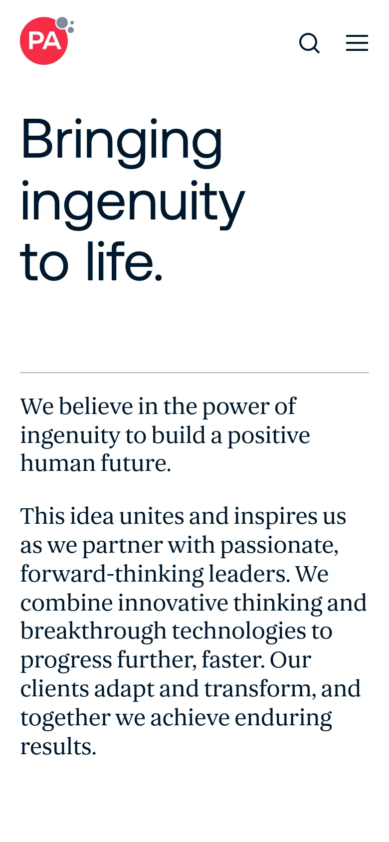 The mobile version presents a simplified layout with the large 'Bringing ingenuity to life' headline centered above a descriptive paragraph. The header is condensed, featuring the company logo, a search icon, and a hamburger menu icon for navigation.