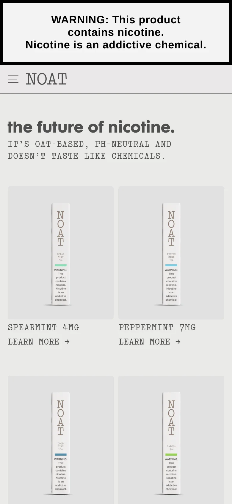 The mobile version maintains the minimalist light grey aesthetic and nicotine warning but uses a single-column layout for the product grid. The header is condensed with a hamburger menu next to the NOAT logo. Each product is displayed vertically with its name and a 'LEARN MORE' call-to-action link positioned directly below the product image.