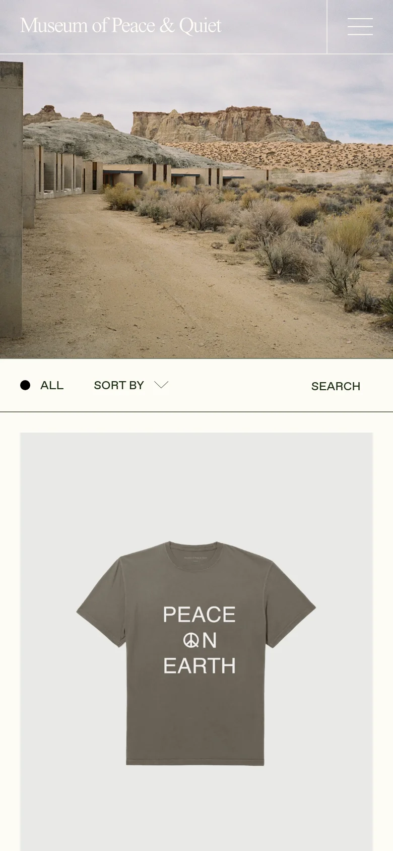 Museum of Peace & Quiet shop page with a stacked mobile layout. The desert hero image spans the top, followed by a vertical category list and a single-column product grid for easy scrolling.
