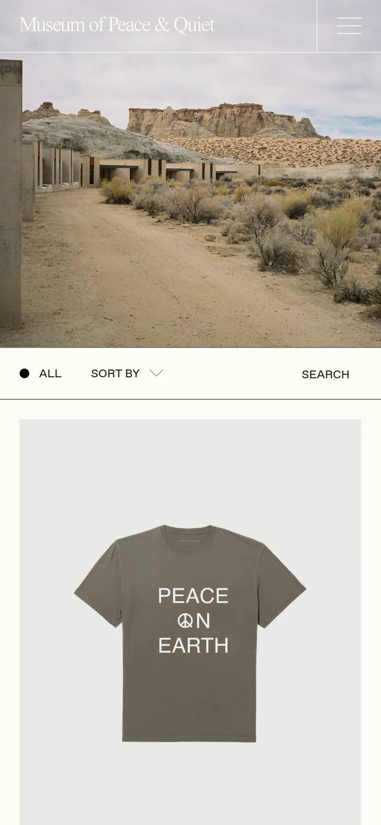 Museum of Peace & Quiet shop page with a stacked mobile layout. The desert hero image spans the top, followed by a vertical category list and a single-column product grid for easy scrolling.