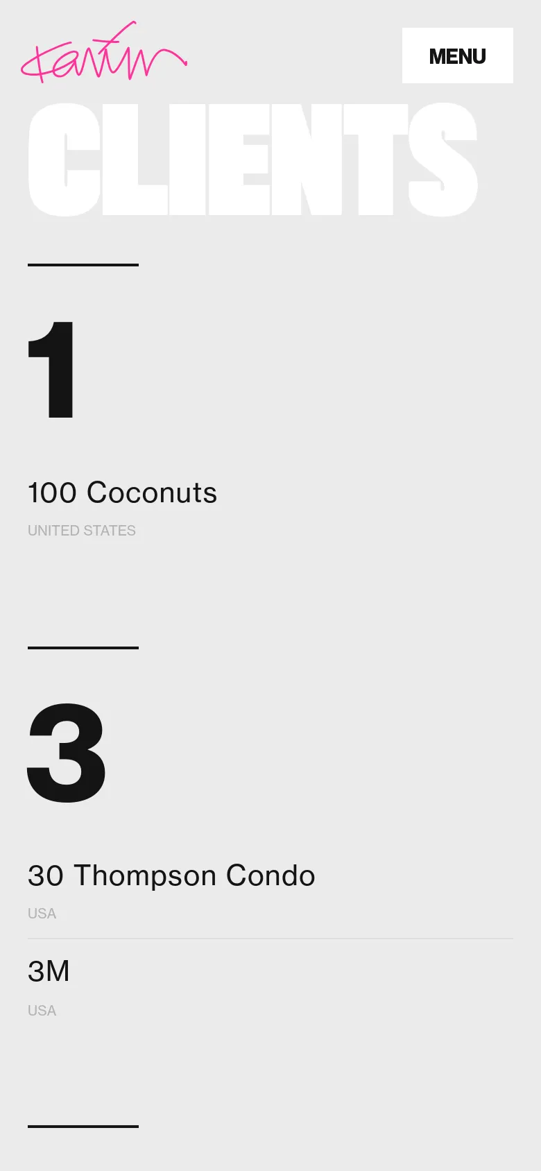 The mobile version presents a simplified, single-column vertical layout of the client list. The large 'CLIENTS' header and pink signature remain at the top, but the content is stacked vertically with large black numbers followed by the client name and country. The 'MENU' button is prominently placed in a white box at the top right.