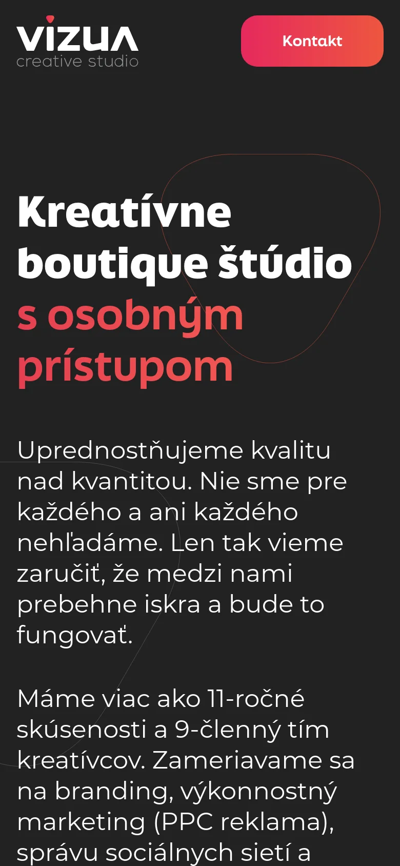 The mobile version presents a vertically stacked layout optimized for small screens, maintaining the dark theme and large white and red typography. The headline and introductory text are centered, and the pink 'Kontakt' call-to-action button is prominently displayed below the main text block for easy thumb access.