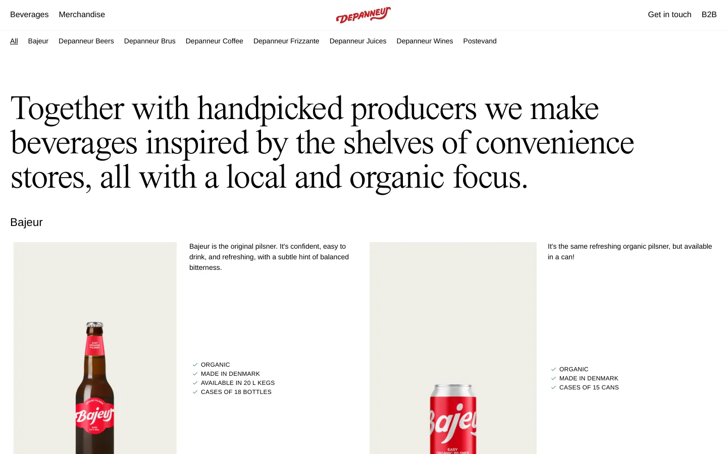 The desktop page features a minimalist white background with a large serif headline about organic beverages. Below the header, a navigation menu lists beverage categories, followed by a product section for 'Bajeur' featuring high-quality images of a beer bottle and a can arranged side-by-side with descriptive text and bullet points.