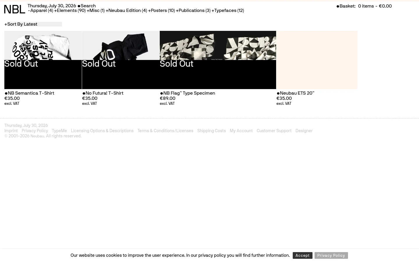 The Apparel category page features a minimalist white layout with a grid of four product images. Each product includes a title, price, and 'Sold Out' or 'Select options' status, displayed in black text. The header contains a date, search link, and shopping basket information.