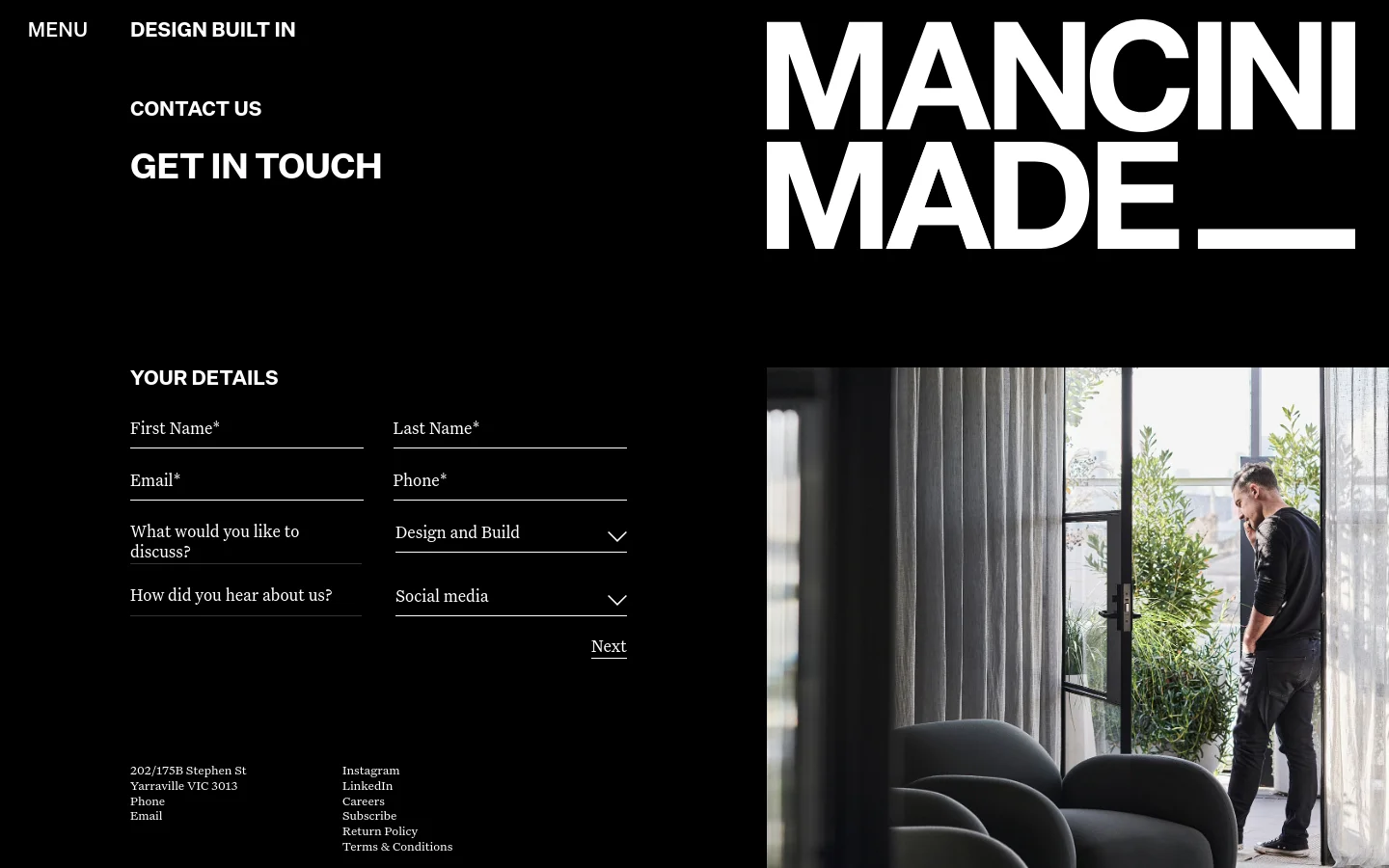 Mancini Made Contact desktop website screenshot
