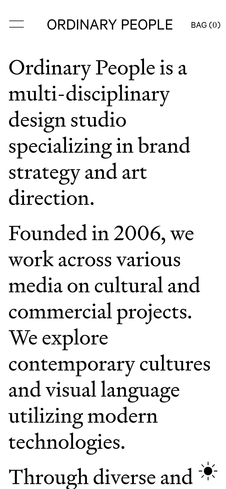 The mobile version simplifies the layout into a single-column view with a large, prominent serif headline describing the studio. The top navigation is replaced by a hamburger menu icon on the left, the studio name in the center, and a shopping bag icon on the right. The text is scaled up for readability on smaller screens.