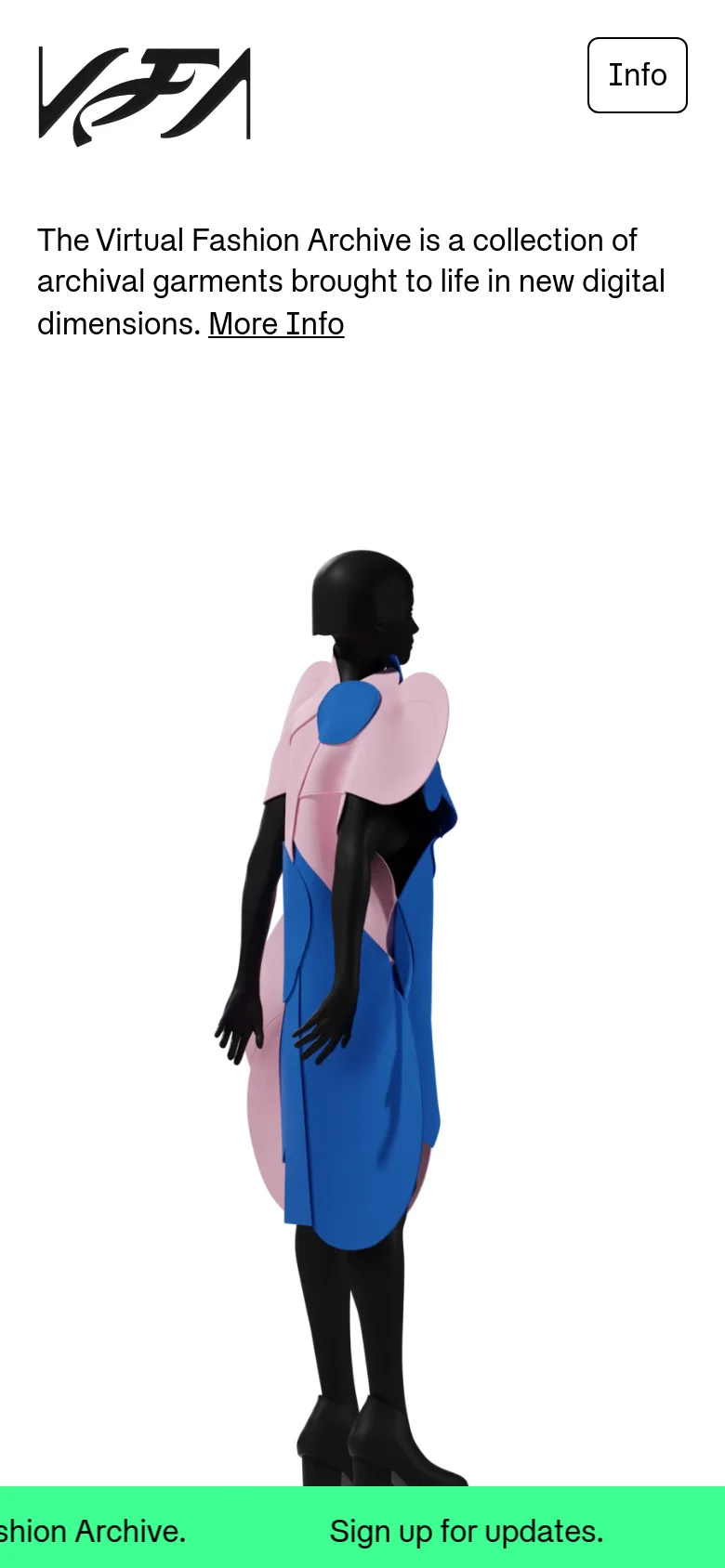The mobile version uses a vertical layout with the stylized logo and an 'Info' button at the top. The central focus is a large, centered 3D digital garment model, followed by a text description and a bright green footer with a sign-up call to action.