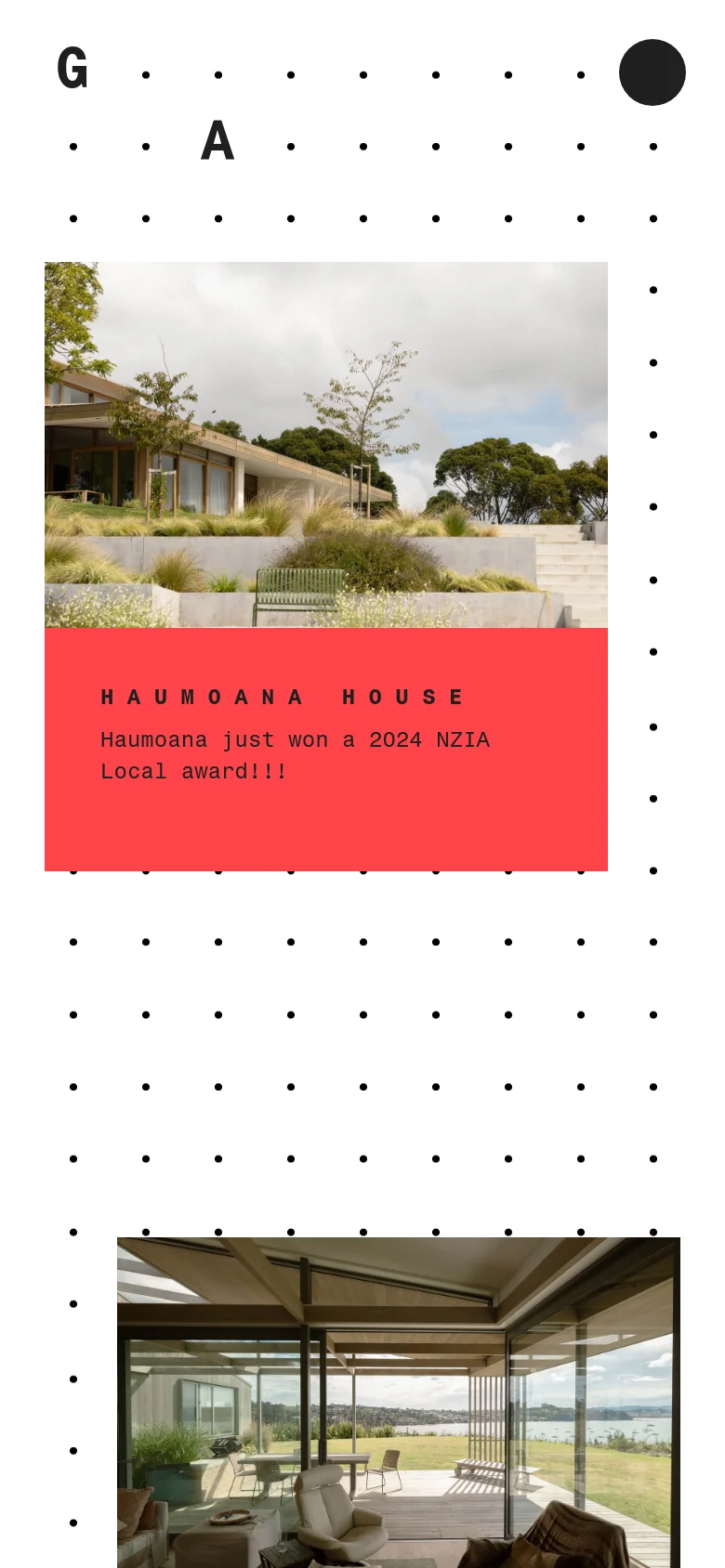 The mobile version presents a single-column vertical scroll of large architectural project images. The layout is simplified, focusing on full-width imagery with text overlays, such as the Haumoana House with its red banner, while the decorative dot patterns and header elements are condensed to fit the narrow screen.