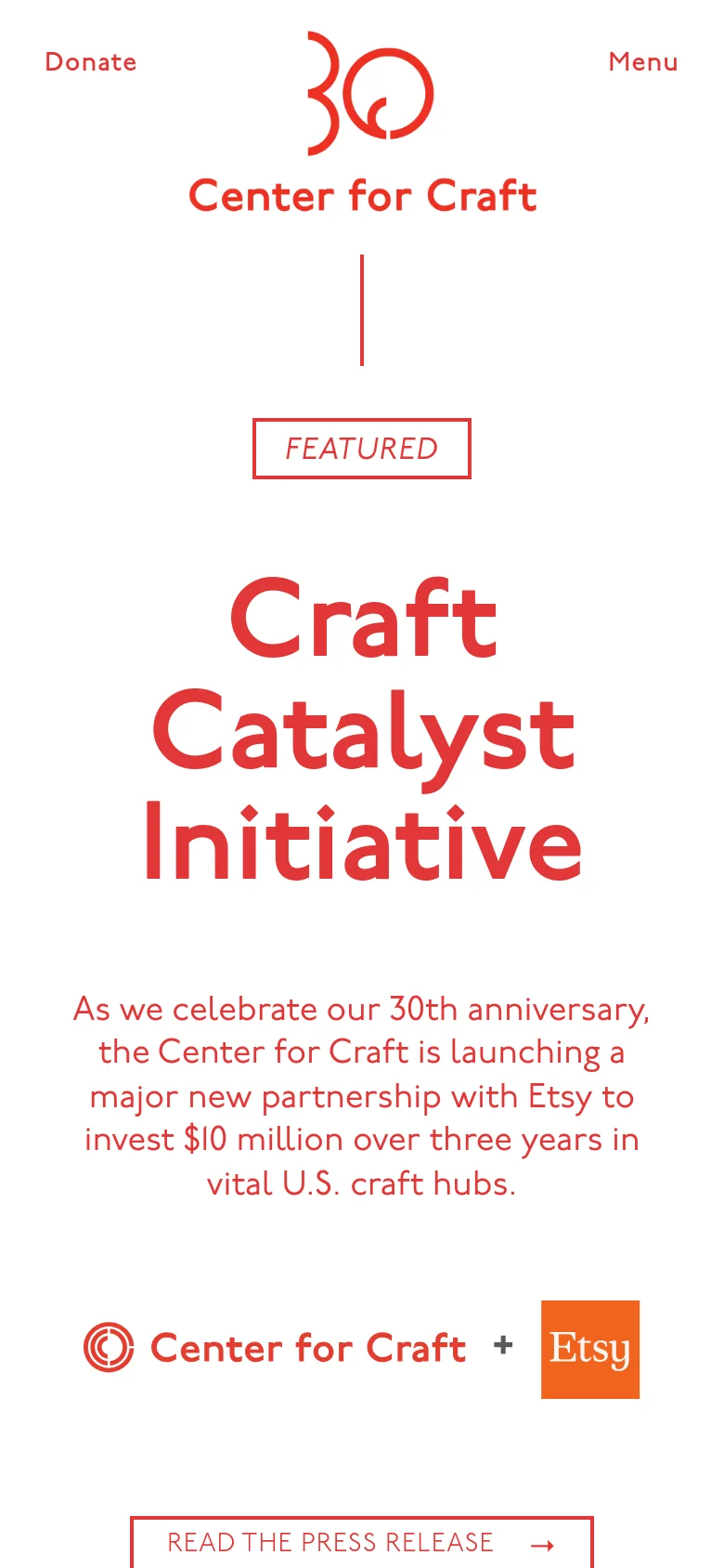 The mobile version presents a vertically stacked layout with the 'Craft Catalyst Initiative' headline and text centered. The Etsy and Center for Craft logos appear above a single prominent 'Read the Press Release' button, and the navigation menu is condensed into a 'Menu' link at the top right.