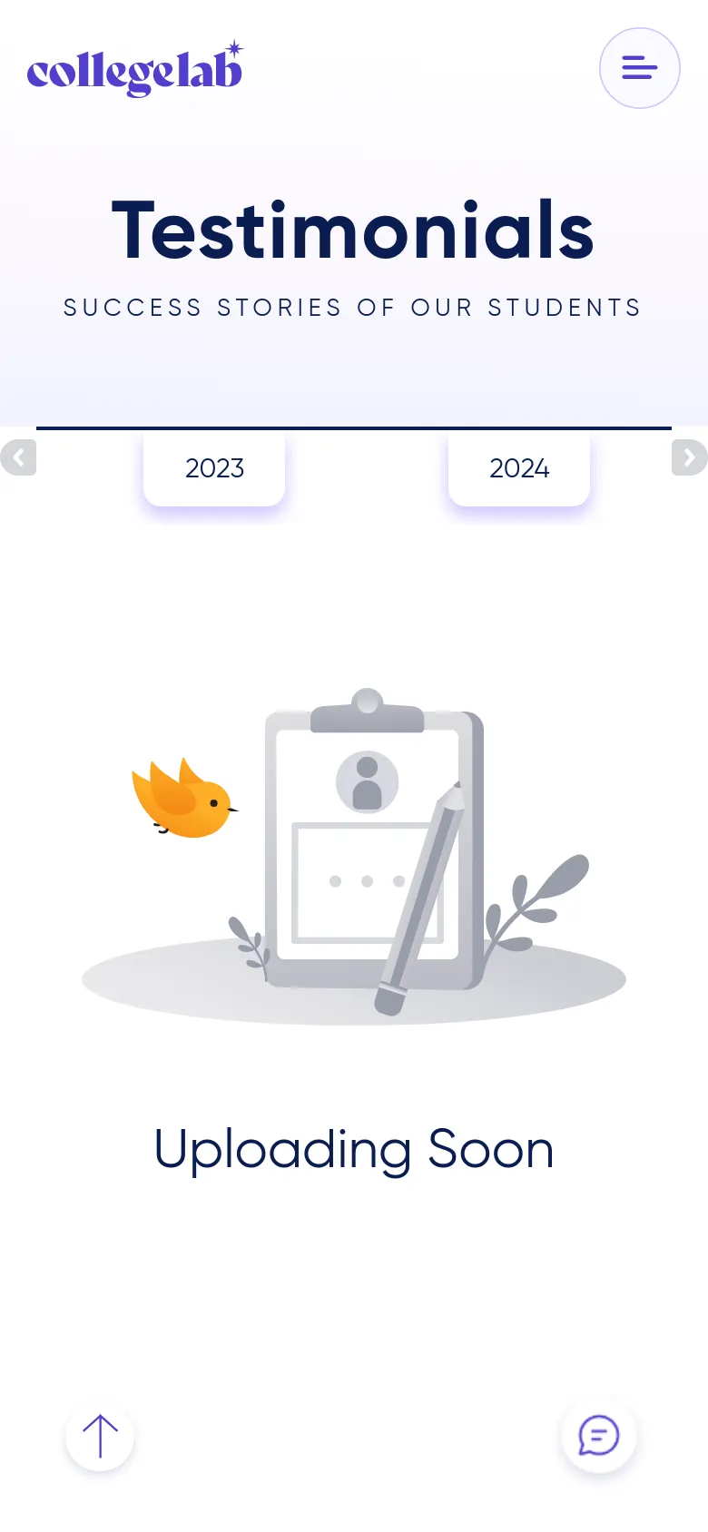The mobile version presents a simplified layout with a hamburger menu icon at the top right and the CollegeLab logo on the left. The central content remains the same, showing the 'Testimonials' heading and the year selection slider, which is partially cut off, above the 'Uploading Soon' placeholder illustration.
