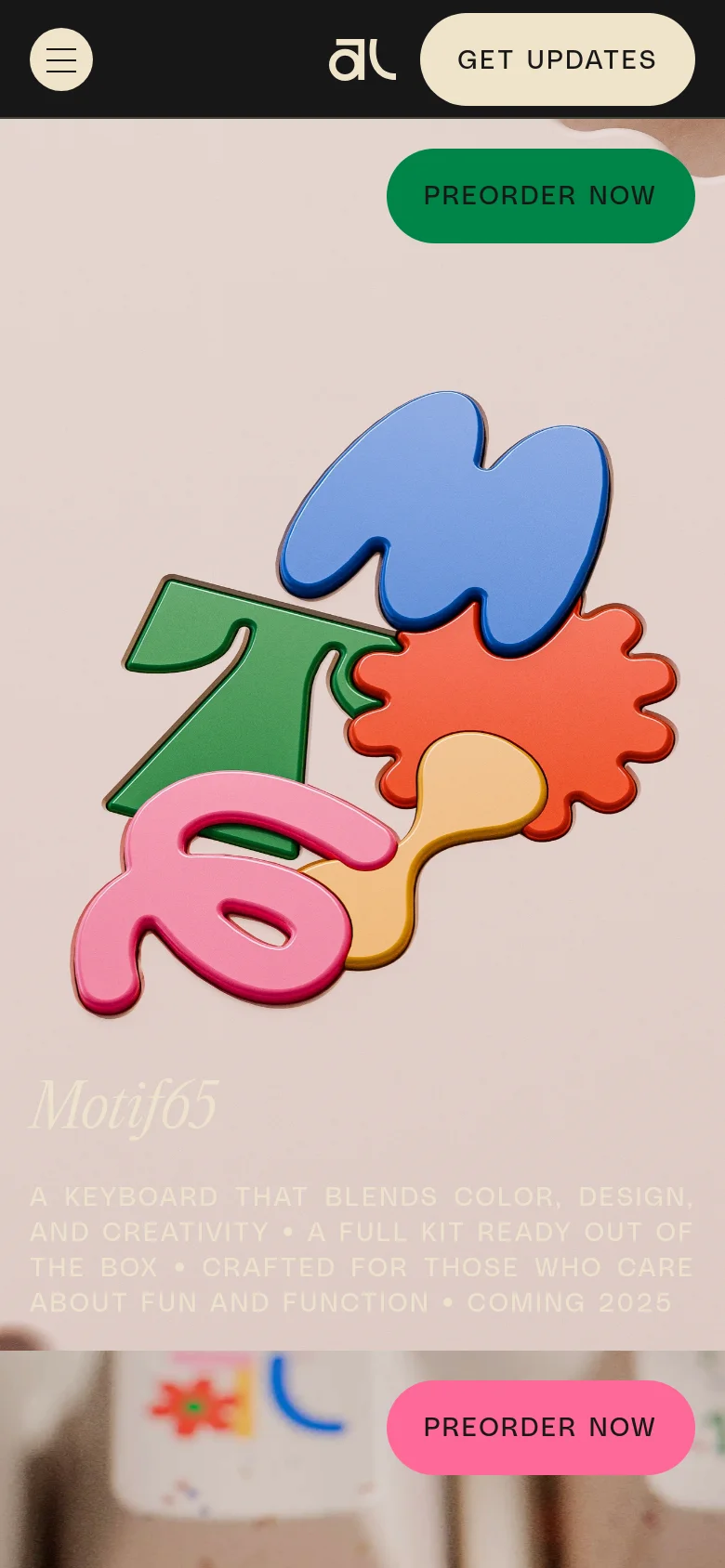 The mobile version uses a stacked layout with a dark header containing a hamburger menu, the brand logo, and a 'Get Updates' button. The hero imagery of colorful 3D shapes is centered, followed by a prominent green 'Preorder Now' button and product descriptions. The navigation is condensed into the top menu rather than a side bar.