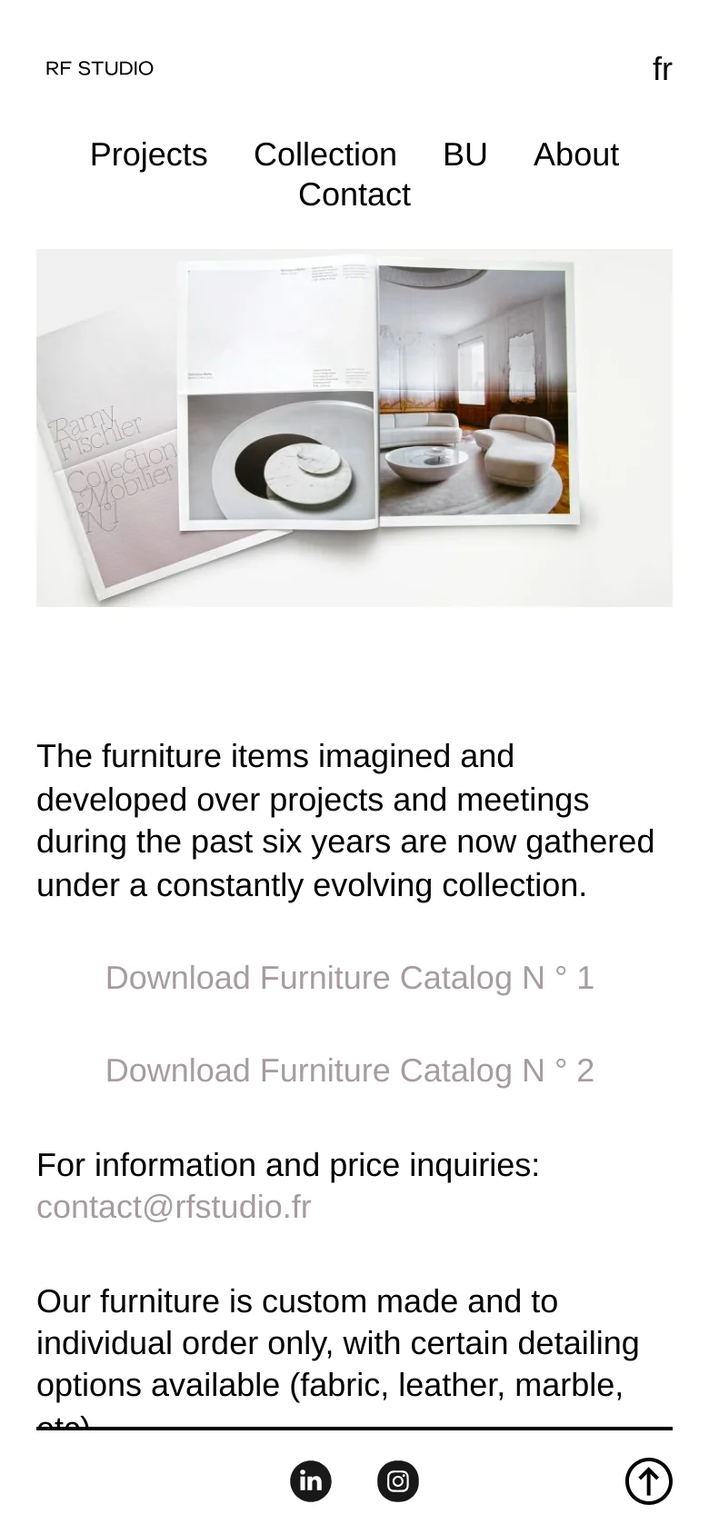 The mobile version uses a vertical stack, placing the RF Studio logo and navigation links at the top, followed by the catalog hero image. The descriptive text and catalog download links are centered below the image, with social media icons and a back-to-top button in the footer.
