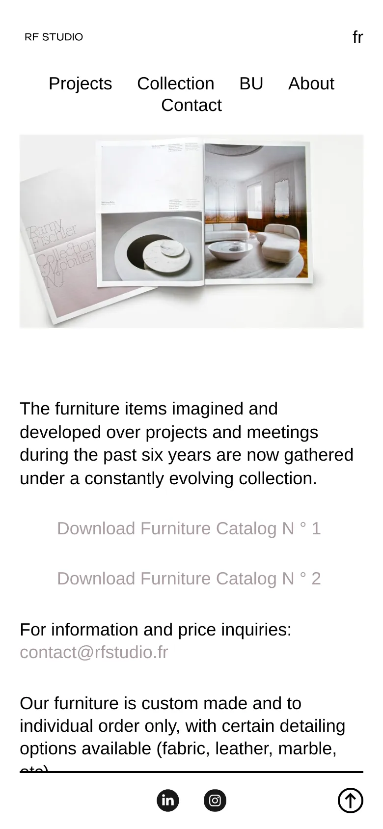 The mobile version uses a vertical stack, placing the RF Studio logo and navigation links at the top, followed by the catalog hero image. The descriptive text and catalog download links are centered below the image, with social media icons and a back-to-top button in the footer.