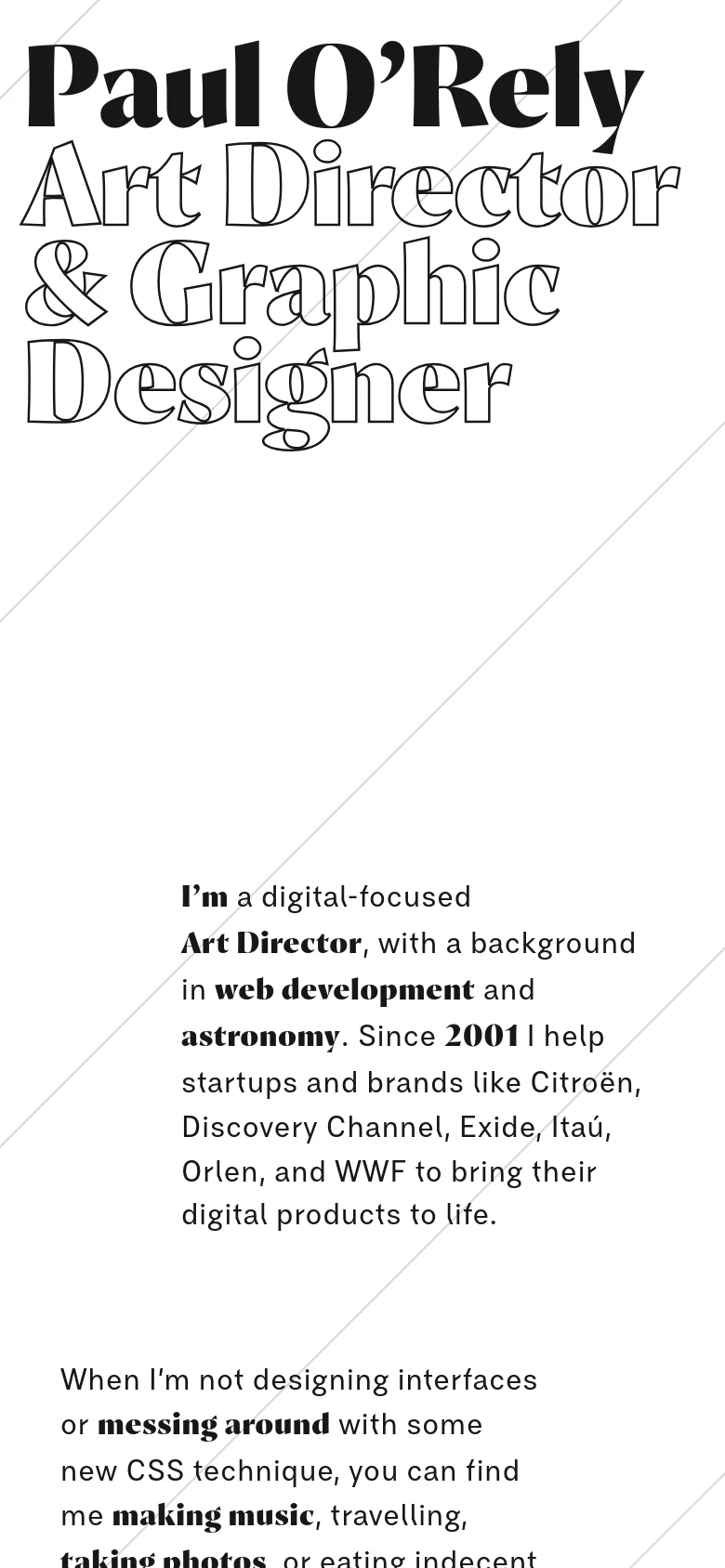 The mobile version simplifies the layout into a single vertical column, focusing on the large, bold header text at the top. The text content is stacked vertically to ensure readability on a narrow screen, maintaining the minimalist aesthetic and high-contrast black-on-white color scheme.
