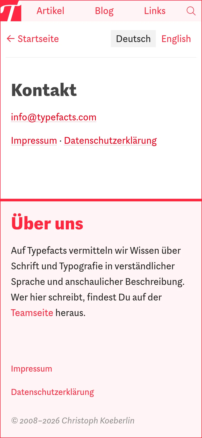 The mobile version simplifies the layout into a single vertical column with a white header containing navigation links and a search icon. The contact information and 'Über uns' section are stacked vertically, with the footer area featuring a light pink background and red text for legal links.