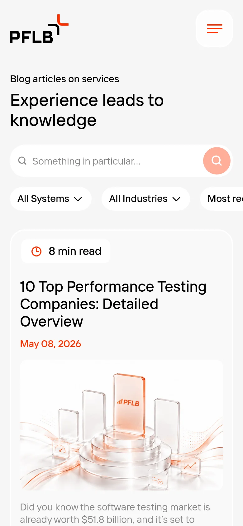 The mobile version presents a single-column vertical layout optimized for scrolling. The header is condensed with a hamburger menu icon, and the search bar and filter dropdowns span the width of the screen. Blog post cards are stacked vertically, showing the reading time, title, and date prominently above the article images.