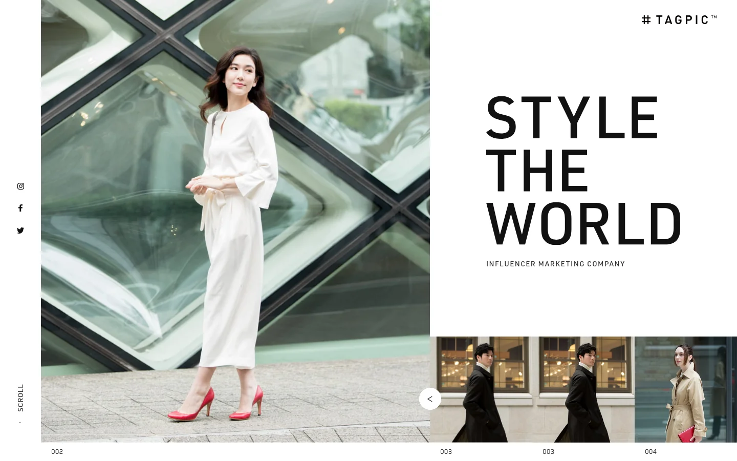 The desktop homepage features a minimalist white background with a large hero image of a woman in a white dress against a glass building. To the right, large black typography reads 'STYLE THE WORLD' above the subtitle 'INFLUENCER MARKETING COMPANY', and a navigation menu is visible at the top. A horizontal filmstrip of smaller images appears at the bottom of the hero section.