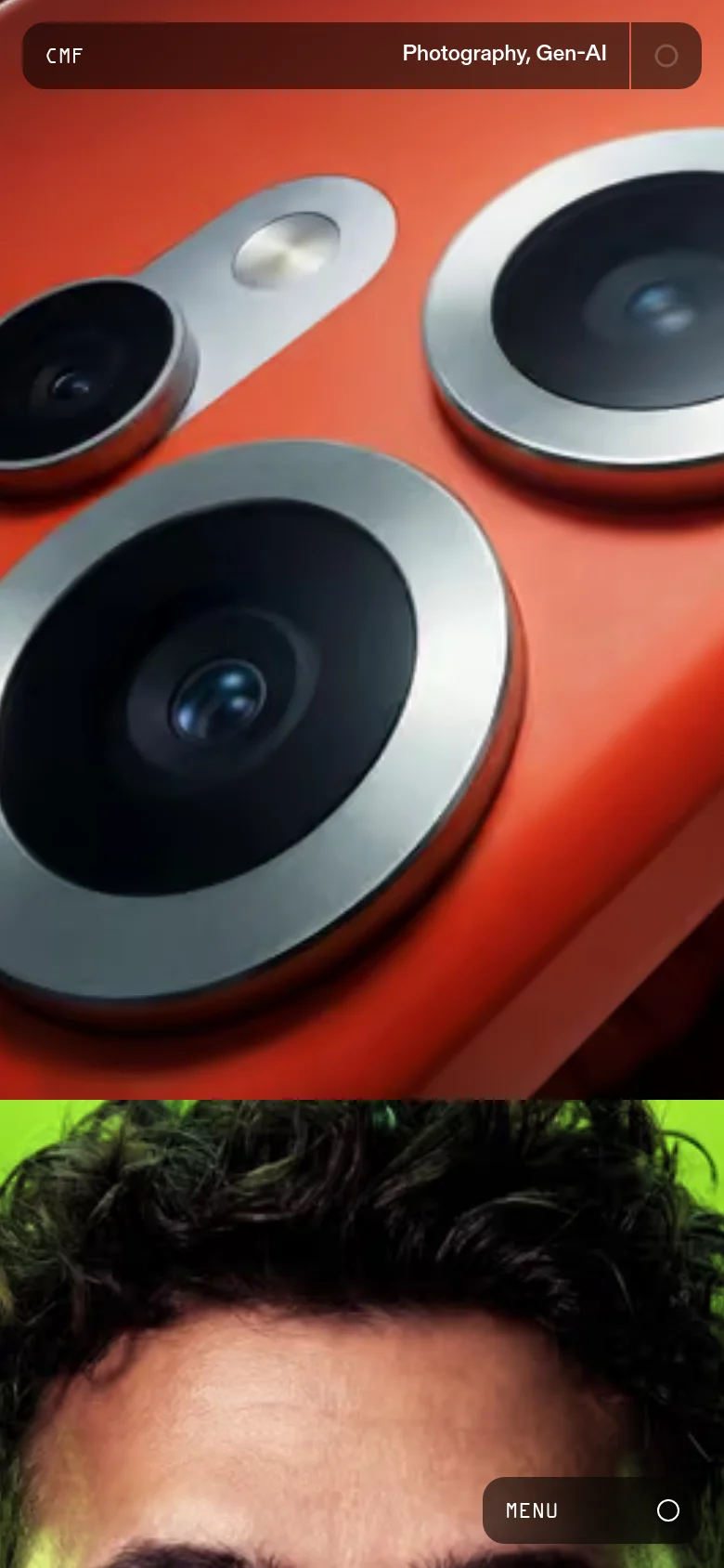 The mobile version shows a vertically cropped version of the hero portrait, focusing on the man's face against the lime green background. The navigation menu is relocated to a floating dark pill-shaped button at the bottom right containing the word 'MENU' and a circular icon.