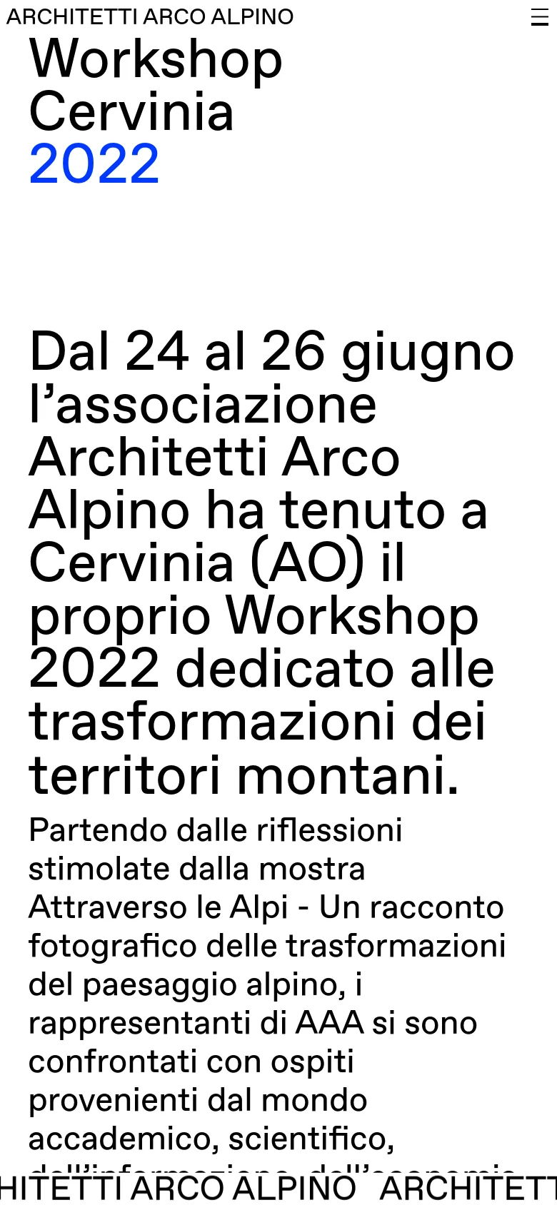 The mobile version maintains the minimalist white and black aesthetic but uses a vertical stack for the content. The navigation is condensed into a hamburger menu icon at the top right, and the large typography for the title and body text scales to fit the narrower screen width.