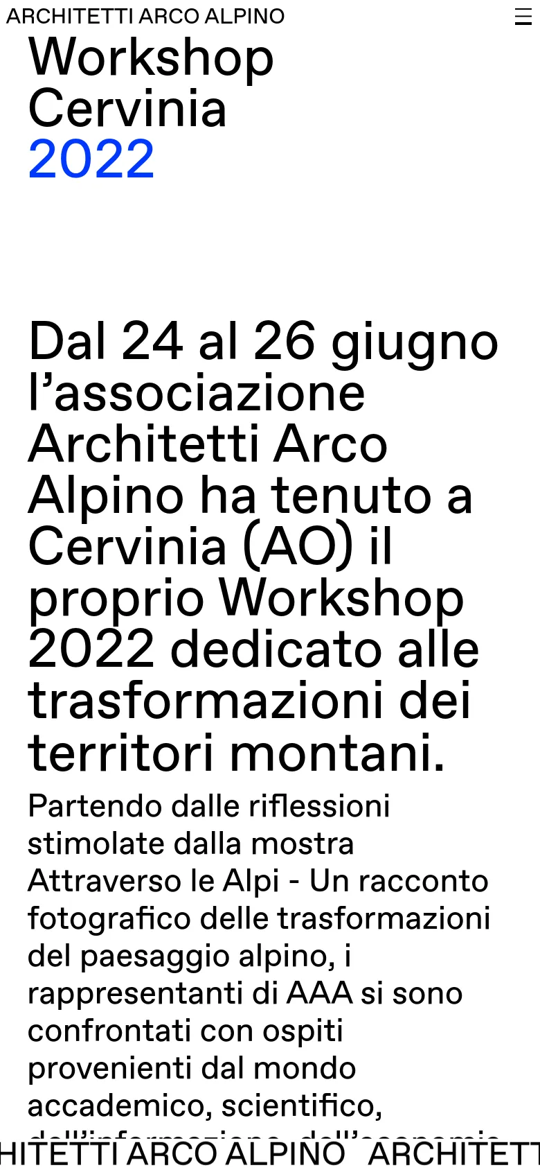 The mobile version maintains the minimalist white and black aesthetic but uses a vertical stack for the content. The navigation is condensed into a hamburger menu icon at the top right, and the large typography for the title and body text scales to fit the narrower screen width.