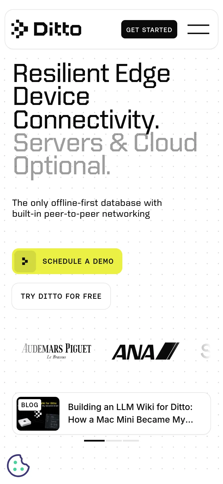 The mobile version presents a vertically stacked layout with the large bold headline at the top, followed by the subheadline. The call-to-action buttons are centered and full-width, with the yellow 'Schedule a Demo' button appearing above the 'Try Ditto for Free' button. A simplified navigation menu is represented by a hamburger icon in the top right corner.