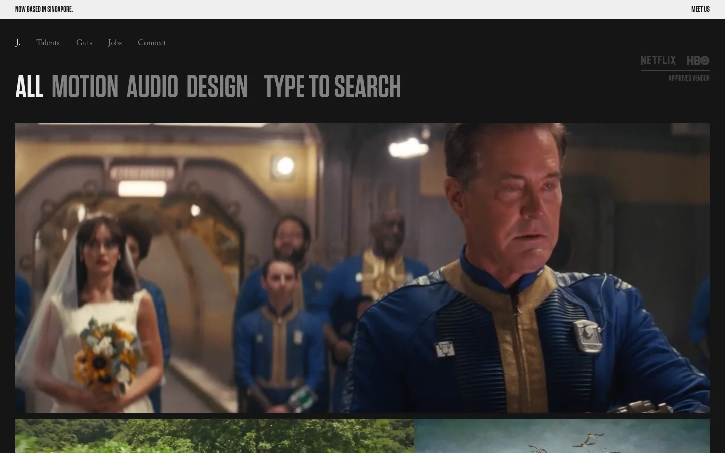 The desktop homepage features a dark minimalist design with large, bold white typography for categories like 'ALL', 'MOTION', 'AUDIO', and 'DESIGN'. A navigation bar at the top includes links for Talents, Guts, Jobs, and Connect, alongside Netflix and HBO logos. Below the header, a large grid of high-quality cinematic project thumbnails showcases various film and TV series works.
