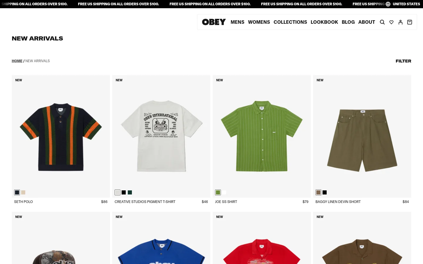 The desktop version of the OBEY New Arrivals page features a clean, white background with a minimalist header containing the brand logo, navigation links, and search/account icons. Below the 'NEW ARRIVALS' headline, a grid layout displays product images including polo shirts, t-shirts, and shorts, each labeled with 'NEW', the product name, color swatches, and price. A filter option is positioned on the right side above the product grid.