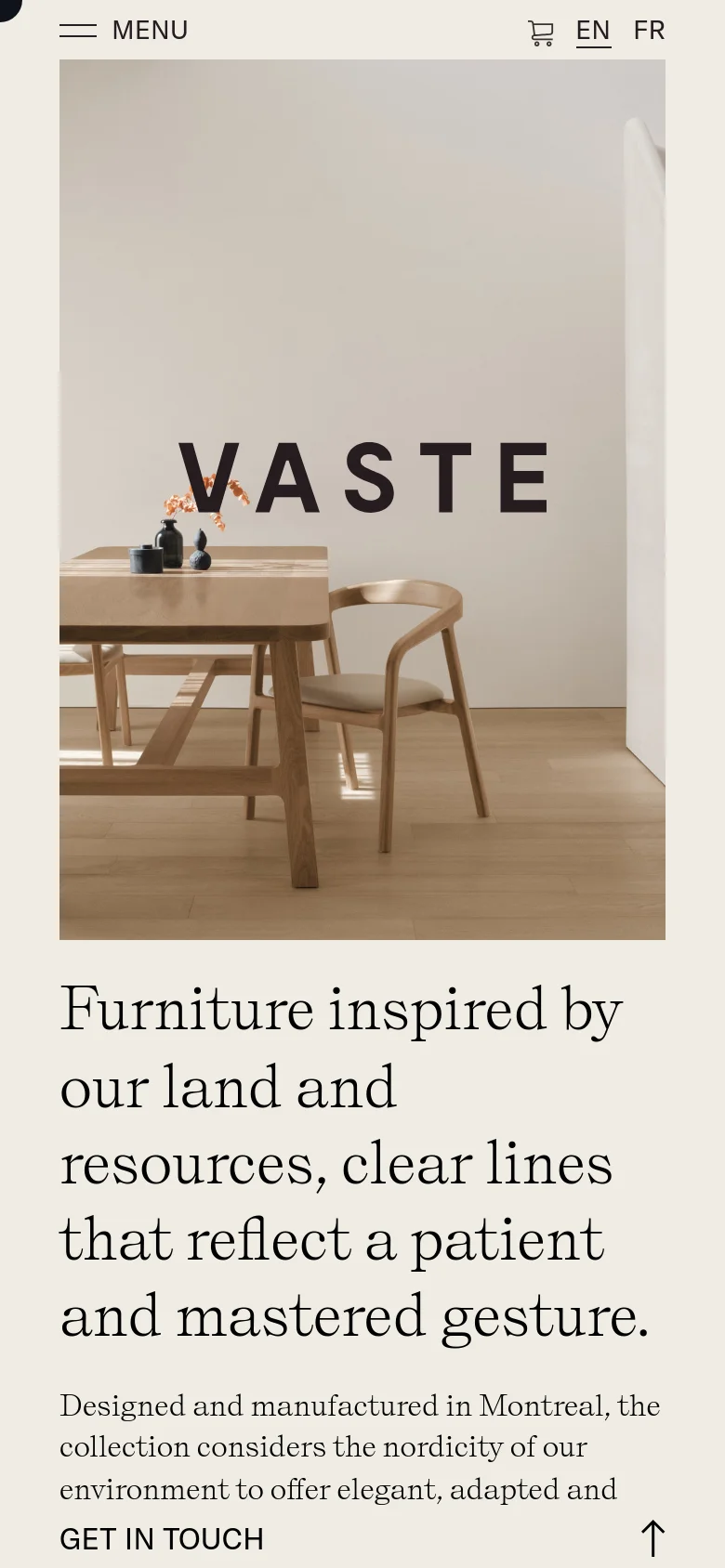 The mobile version presents a vertically stacked layout, starting with a large hero image of the wooden furniture set. Below the image, the brand's mission statement is displayed in large serif text against a light beige background. The navigation is condensed into a top menu bar with a hamburger icon, cart, and language options.