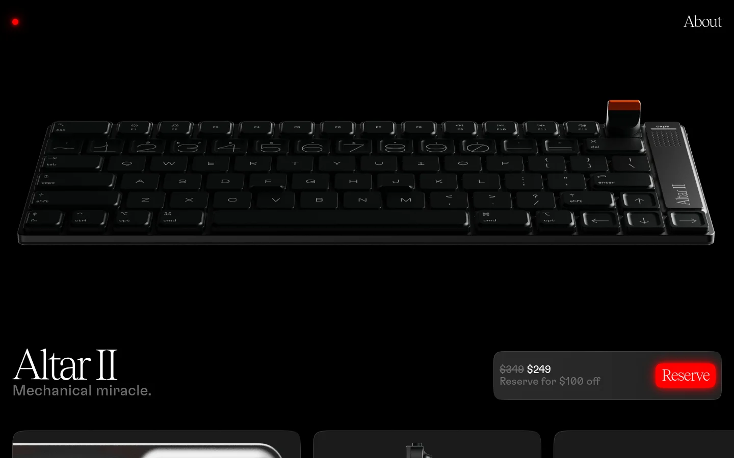 Desktop homepage for Altar II featuring a large hero image of a sleek, black mechanical keyboard against a dark background. Below the keyboard, the product name 'Altar II' and tagline 'Mechanical miracle' appear next to a floating call-to-action bar showing a discounted price of $249 and a red 'Reserve' button.